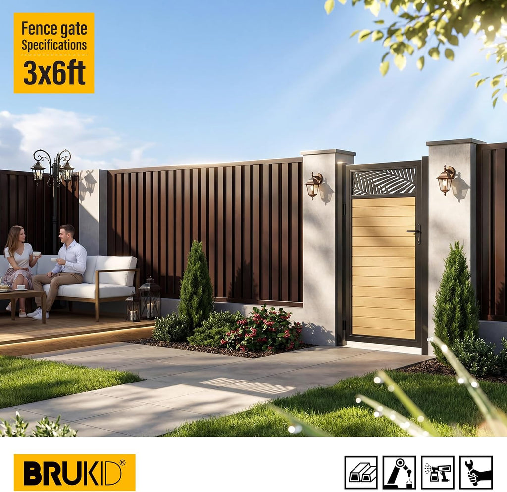 3x6 FT Aluminum Fence Gate Kit Wood Grain Aluminum Gate with Decorative Cutout, Lock & Hinges, Left/Right Opening, Weather Resistant for Yard Garden Patio