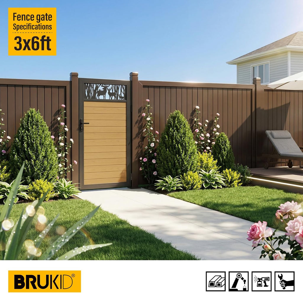 3x6 FT Aluminum Fence Gate Kit Wood Grain Aluminum Gate with Decorative Cutout, Lock & Hinges, Left/Right Opening, Weather Resistant for Yard Garden Patio
