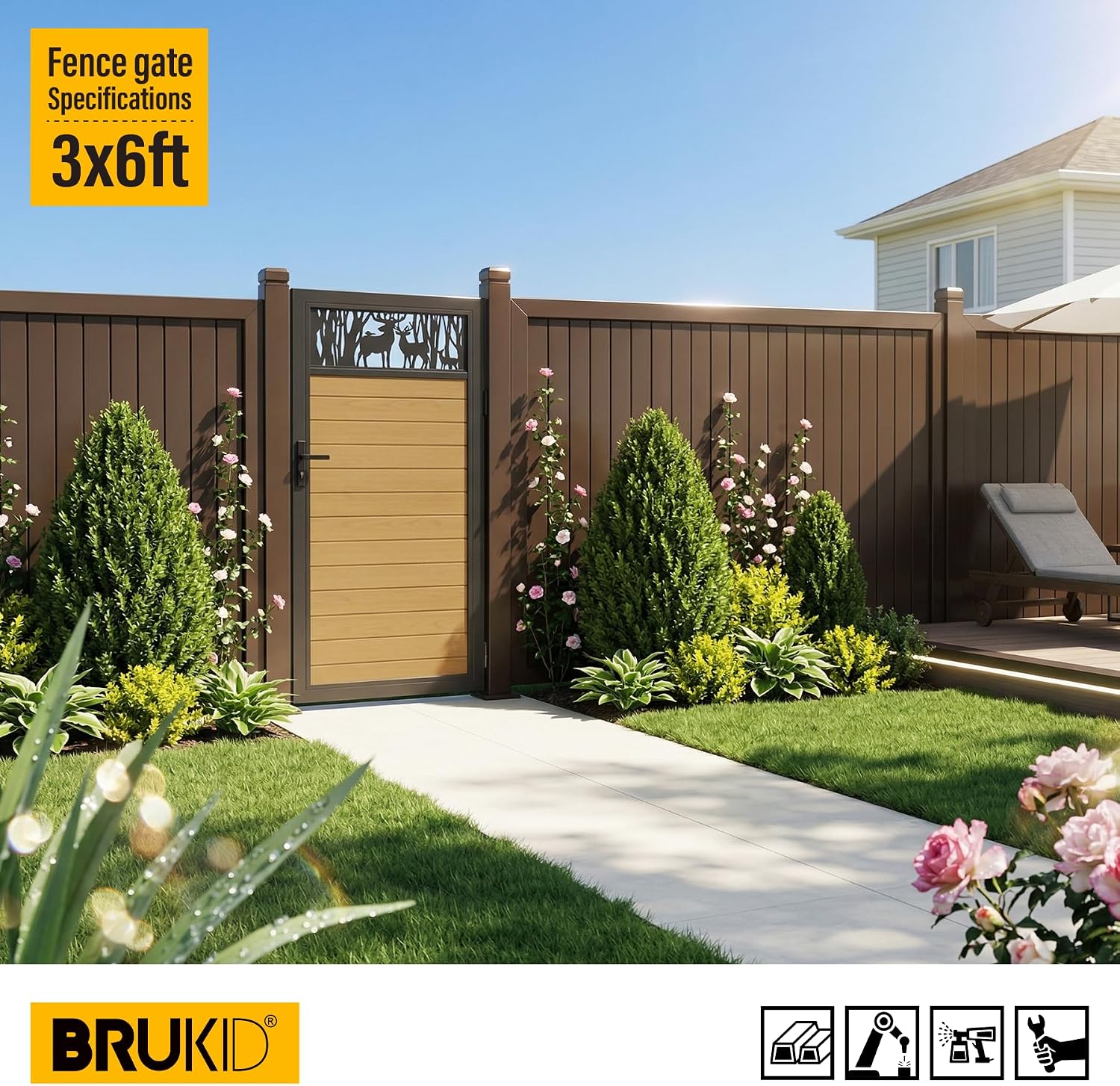 3x6 FT Aluminum Fence Gate Kit Wood Grain Aluminum Gate with Decorative Cutout, Lock & Hinges, Left/Right Opening, Weather Resistant for Yard Garden Patio