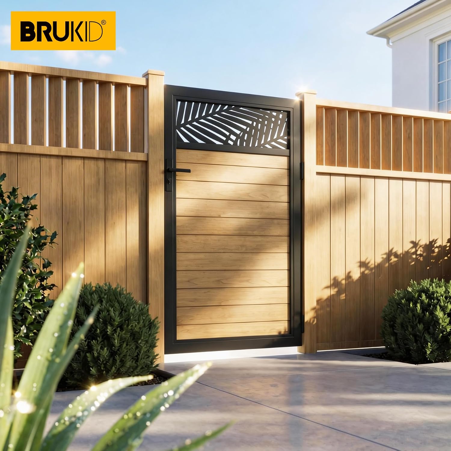 3x5 FT Aluminum Fence Gate Kit Wood Grain Aluminum Gate with Decorative Cutout, Lock & Hinges, Left/Right Opening, Weather Resistant for Yard Garden Patio