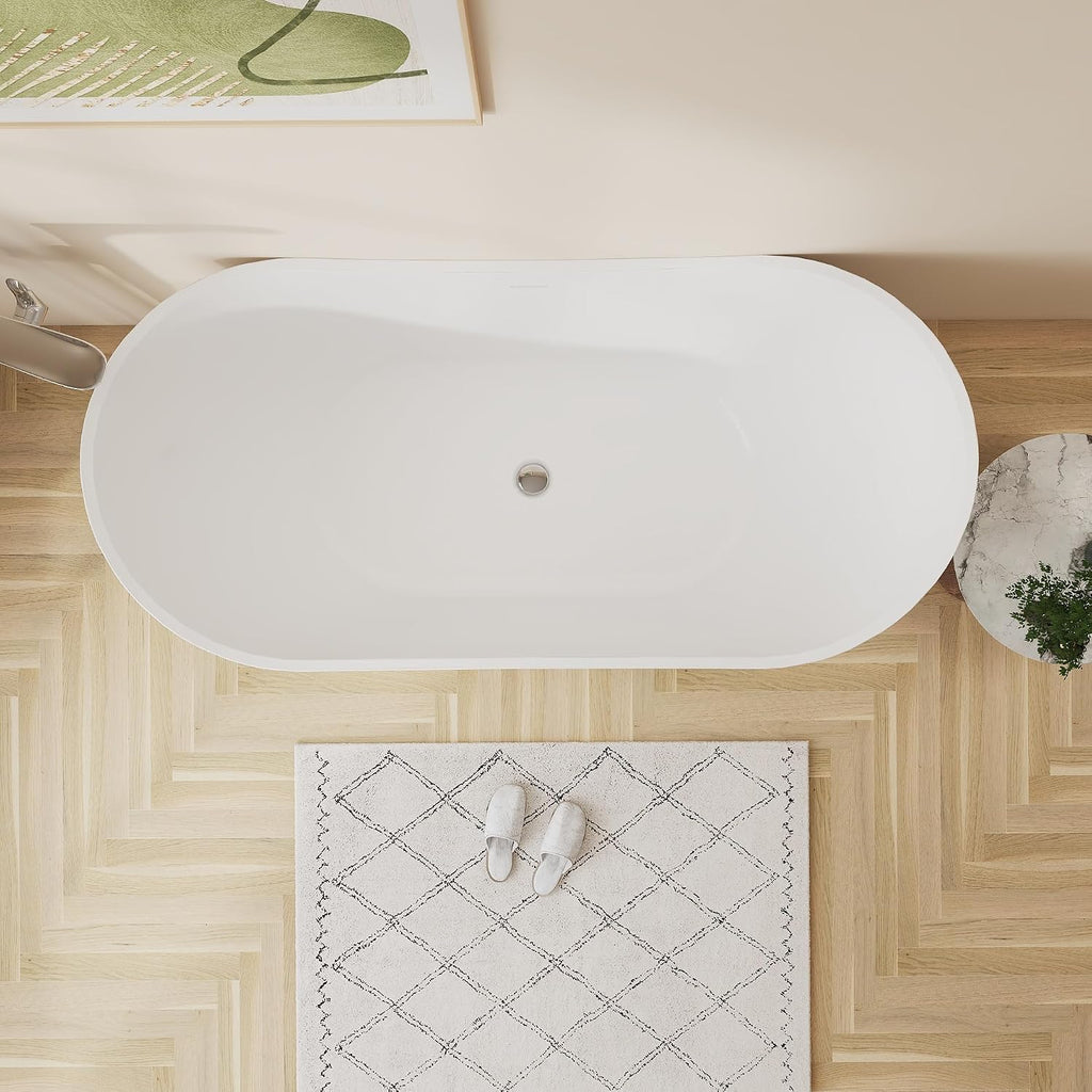 60' Premium Modern Stand Alone Freestanding Bathtubs, Upgraded Acrylic Oval White Soaking Bathroom Tub with CUPC Drain