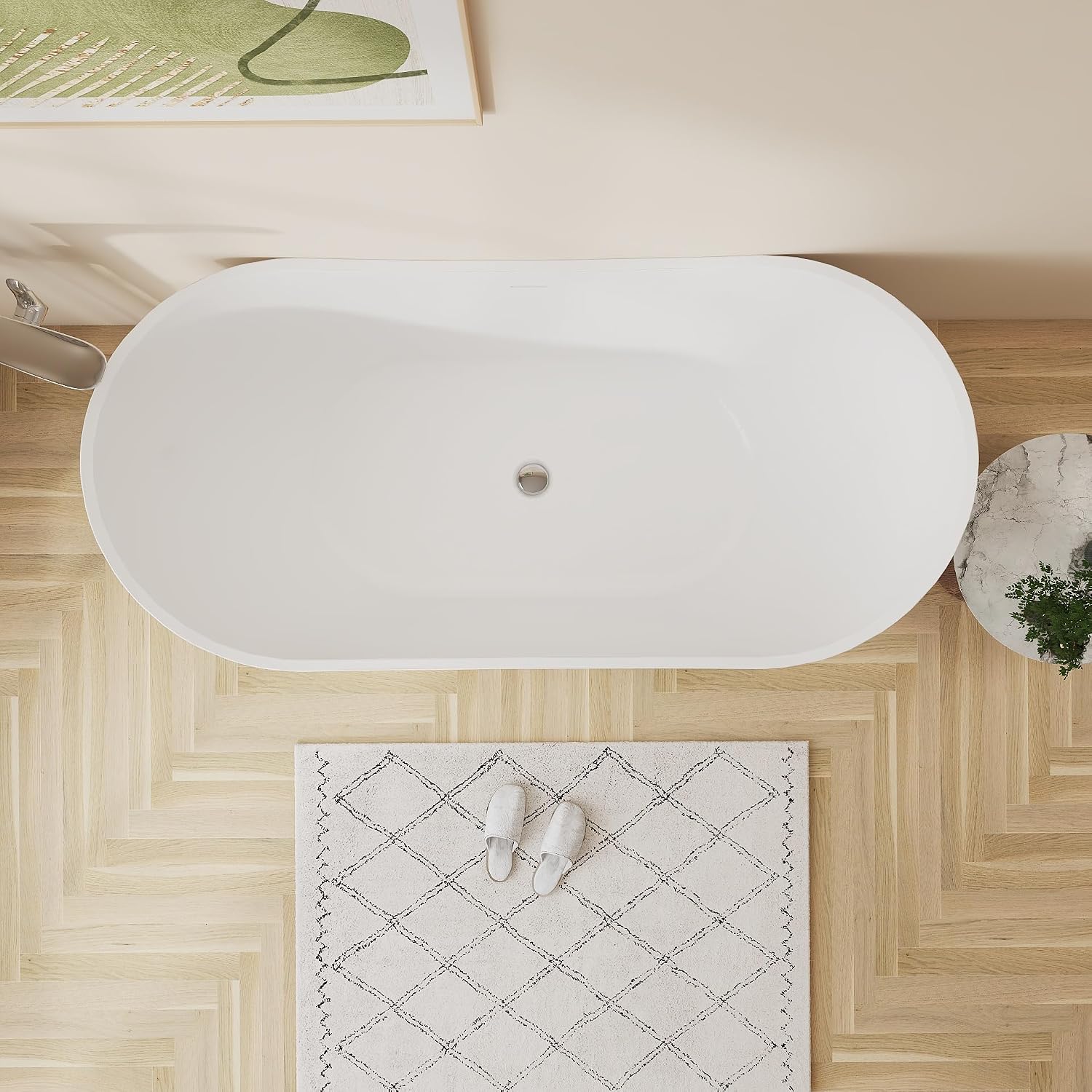 60' Premium Modern Stand Alone Freestanding Bathtubs, Upgraded Acrylic Oval White Soaking Bathroom Tub with CUPC Drain