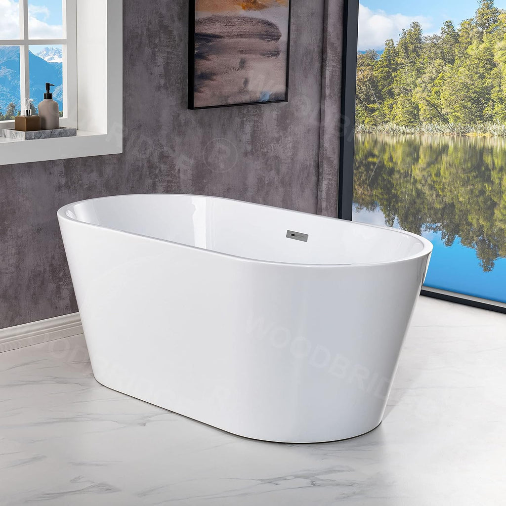 WOODBRIDGE 54' Acrylic Freestanding Bathtub Contemporary Soaking White Tub with Chrome Overflow and Drain,BTA1702-C-Drain &O