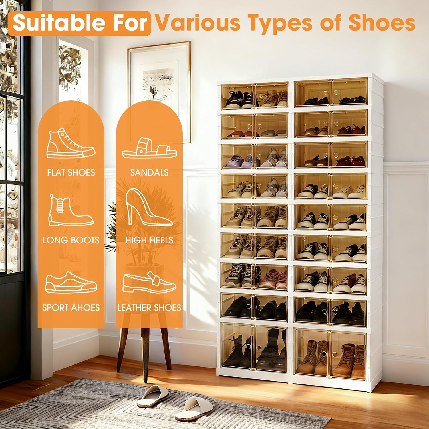 Folding Shoe Rack Storage Device,Large Plastic Folding Shoe Cabinet, Easy to Assemble Shoe Rack Storage Cabinet with Transparent Door Magnetic Buckle(9Tiers,36Pairs)