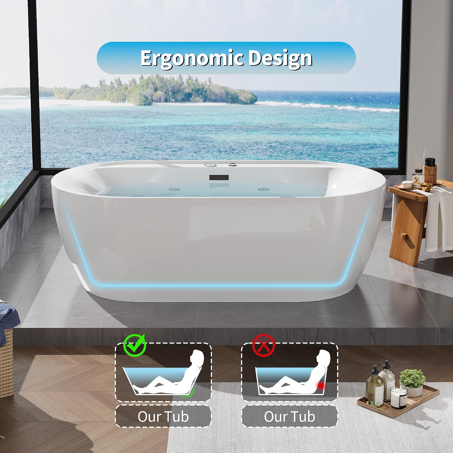 ‌71'' Freestanding Jetted Bathtub with Bubble Massage & Heating, Acrylic Deep Soaking Bath Tub with LED Lights, Hotel Grade for Spa & Home Bathroom, White