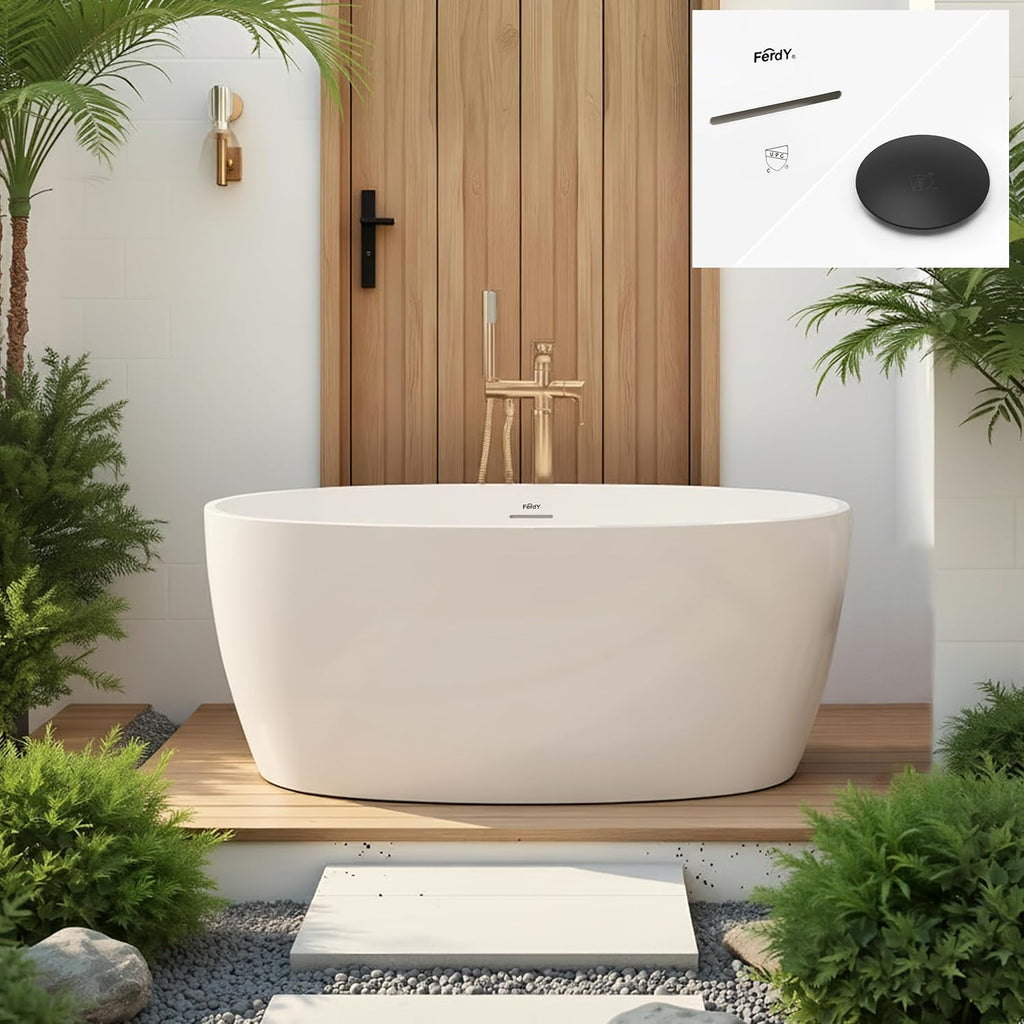 FerdY 55' Acrylic Freestanding Bathtub, Contemporary Soaking tub with Matte Black Drain & Overflow, Elegant Oval Shape, cUPC Certified, Tahiti