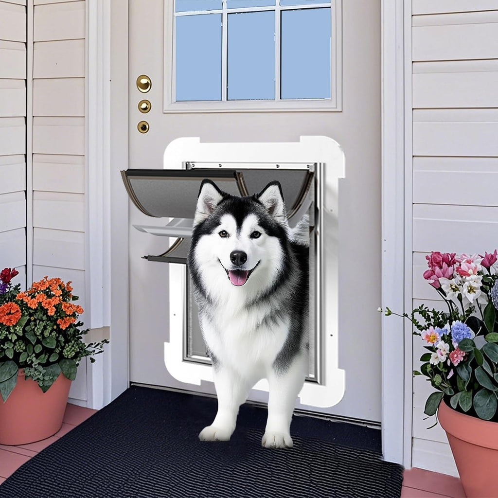 3-Flap Never Rust Extra Large Dog Door for Doors with Sliding Lock Panel, Steel Frame and Telescoping Tunnel Pet Door, Extreme Weather Durable Doggy Door （Pets Up to 220 Lb）