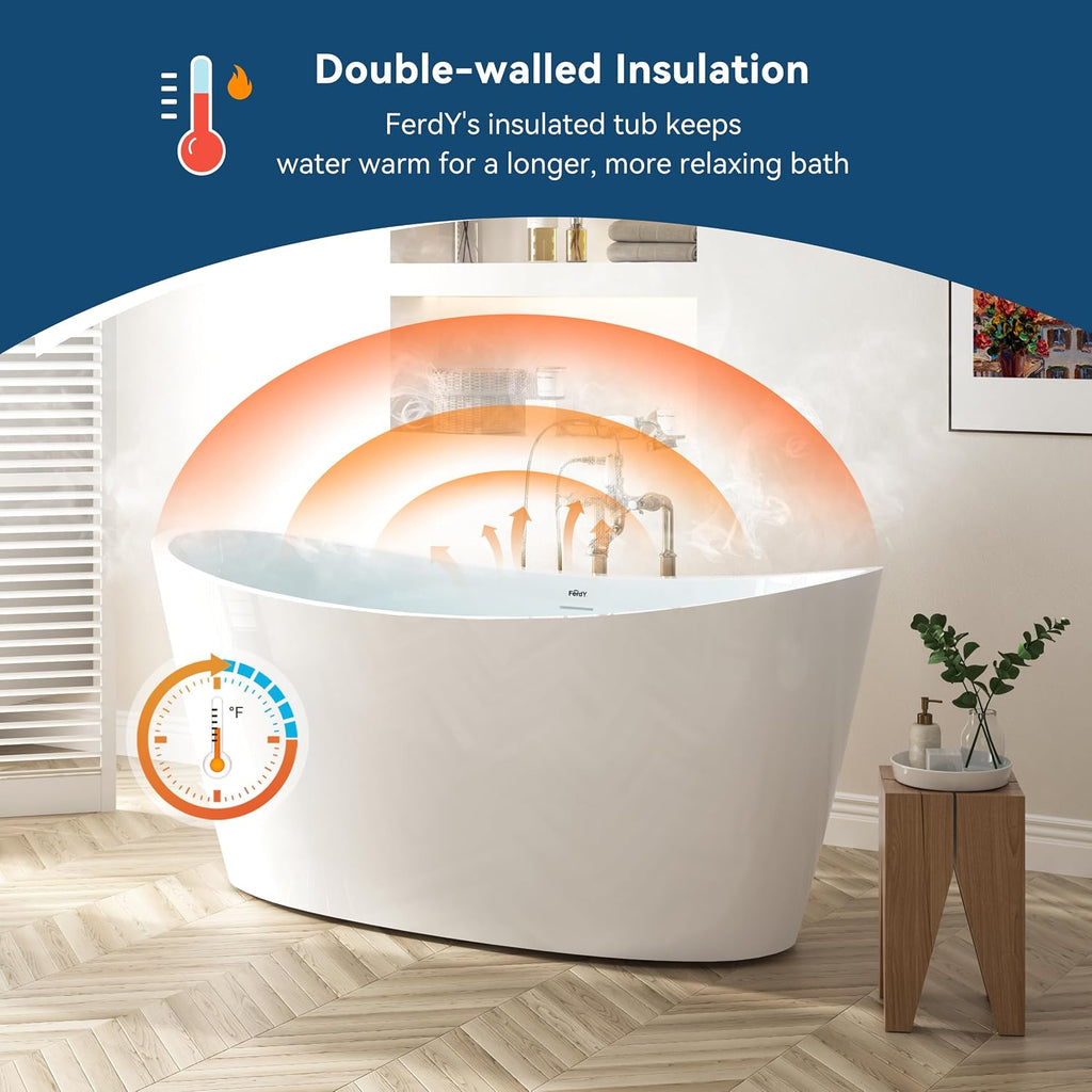 FerdY Naha Elite 59' Acrylic Freestanding Bathtub, Curve Edge Freestanding Soaking Bathtub, Glossy White, cUPC Certified, Brushed Nickel Drain & Minimalist Linear Design Overflow Included, 02588