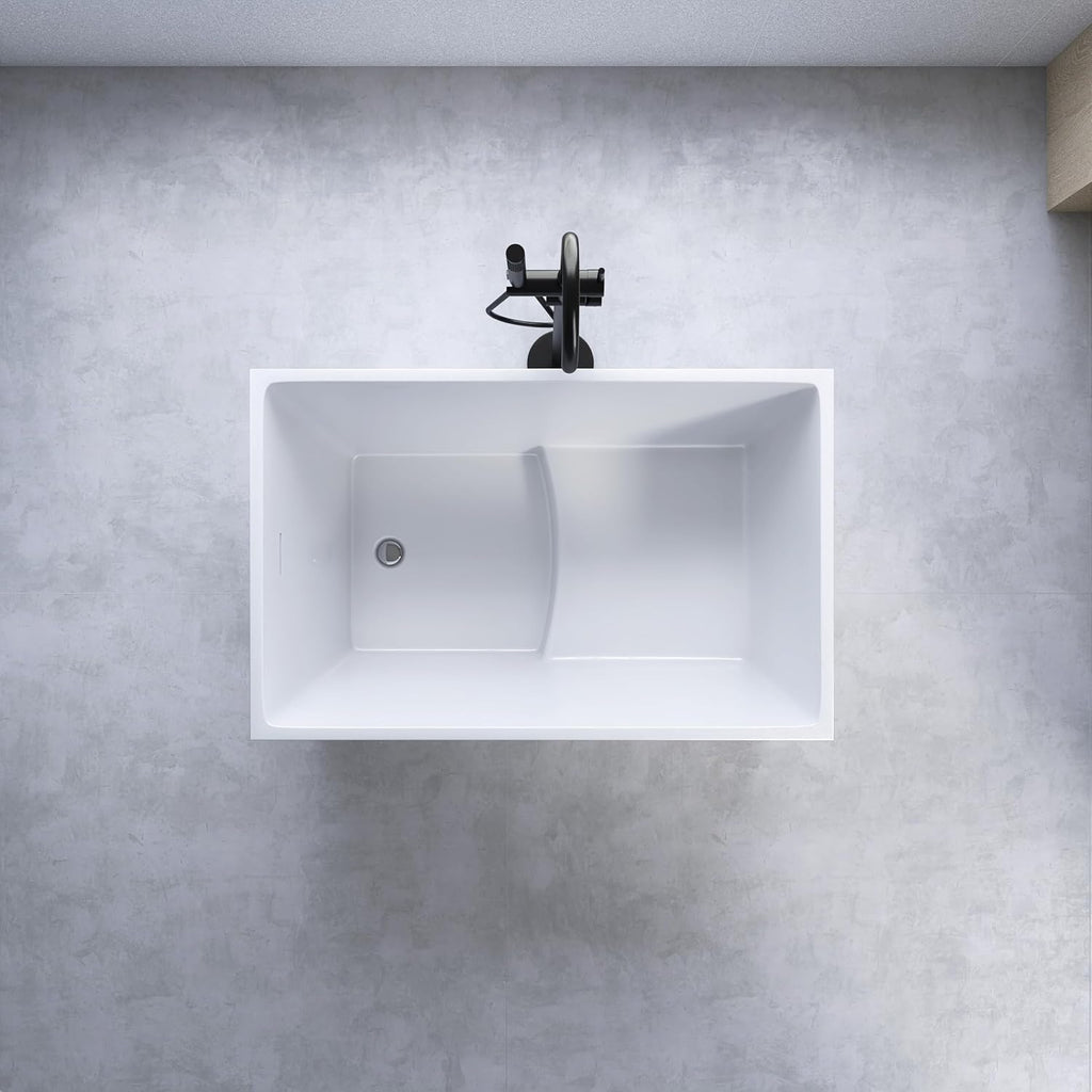 43' Freestanding Bathtubs Free Standing Tubs with Seat，Spacious Rectangular Shape Modern Japanese Bathtub， Chrome Slot Overflow and Pop-Up Drain，CUPC Certified，White,DJ014-1100