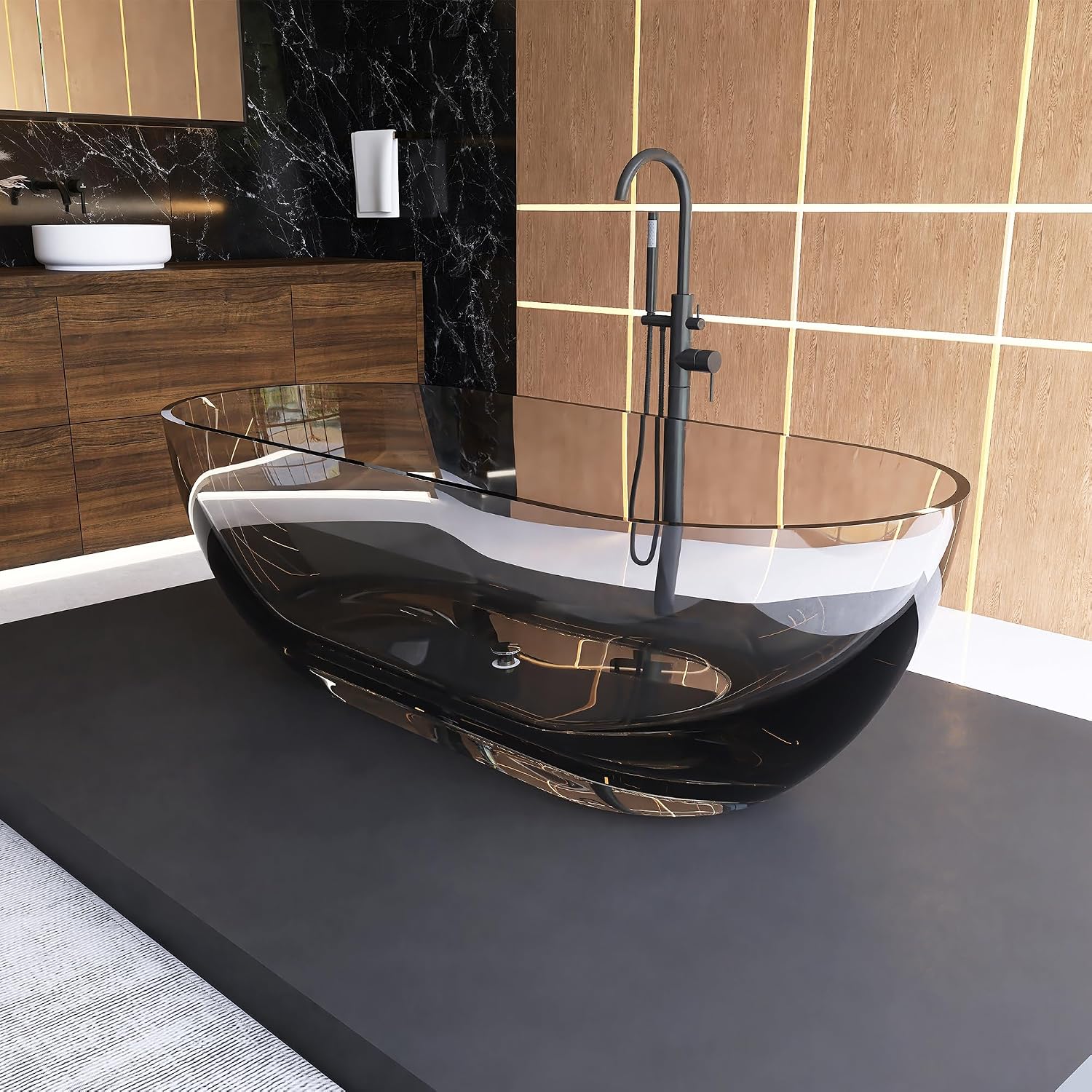 69' Freestanding Solid Surface Resin Stone Bathtub, Modern Design Stand Alone Tub with Drain, Transparent Gray 307TG1750