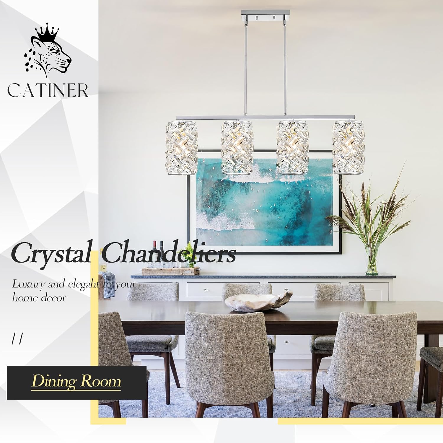 CATINER Chrome Crystal Kitchen Island Lighting 40' Modern Linear Chandelier, 4 Lights Polished Chrome Ceiling Pendant Light Fixture Over Table for Dining Room Living Room