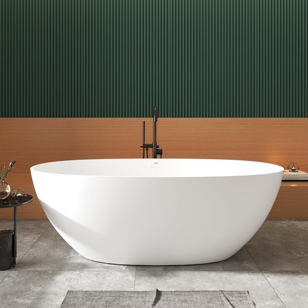 FerdY Goa 67' Resin Stone Freestanding Bathtub, Elegant Oval Freestanding Bathtub, Solid Surface Bathtub, Matte White, cUPC Certified, Minimalist Linear Design Overflow and Pop-Up Drain Pipe