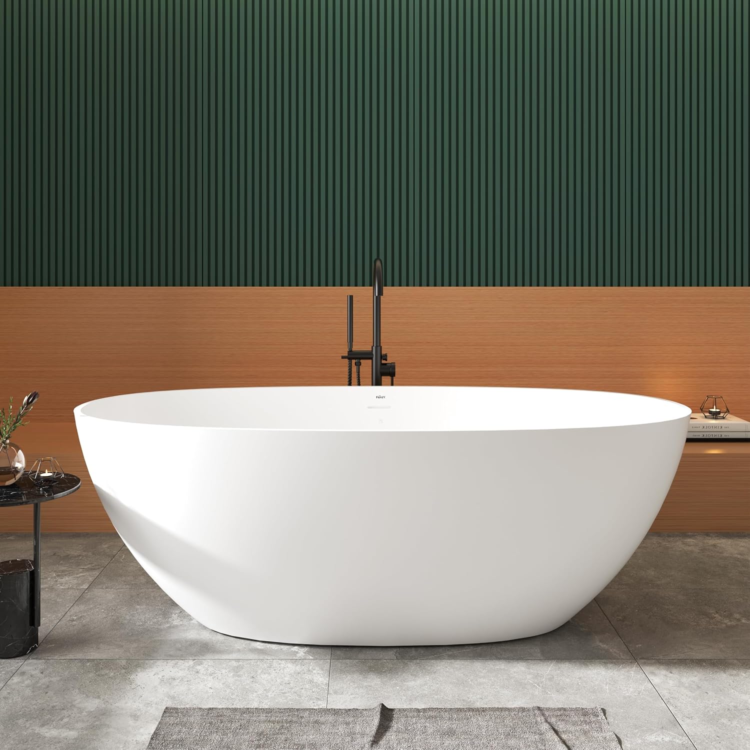 FerdY Goa 67' Resin Stone Freestanding Bathtub, Elegant Oval Freestanding Bathtub, Solid Surface Bathtub, Matte White, cUPC Certified, Minimalist Linear Design Overflow and Pop-Up Drain Pipe