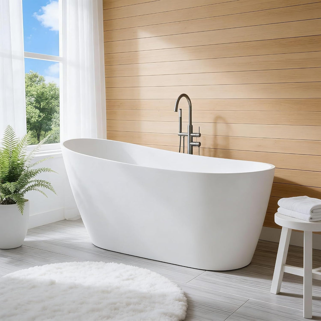 ‎59 in Acrylic Freestanding Bathtub, Soaking Bathtub with Matte Drain and Overflow, Modern Square Tub with Deep Ergonomic Design and Double-Walled Insulation, Double-Walled Insulation, CUPC Certified