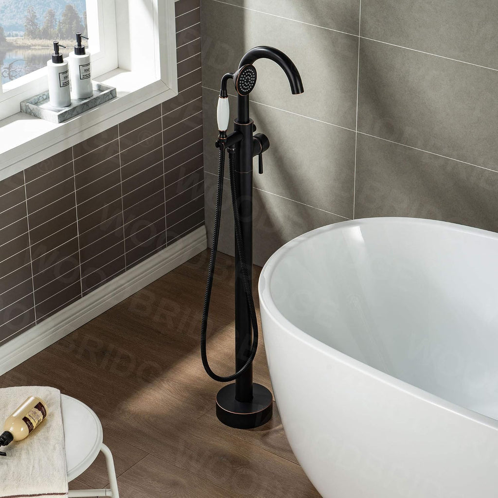 WOODBRIDGE Contemporary Single Handle Floor Mount Freestanding Tub Filler Faucet with Hand Shower in (Oil Rubbed Bronze) Finish,F0010-ORBVT