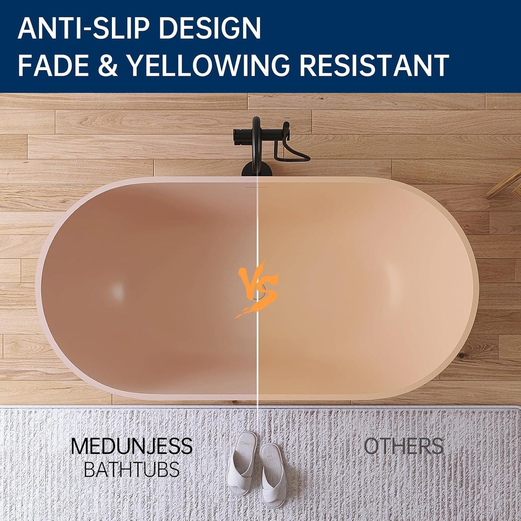 59' Resin Stone Free Standing Tub Bathtubs, Soaking Tub with Solid Surface, Bathroom Freestanding Bathtub with Overflow and Drain, Pink