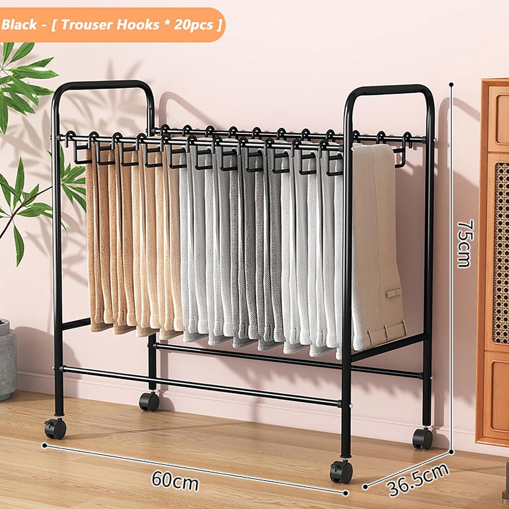 Space-Saving Metal Pants Rack with Wheels - Floor-Standing Garment Hanger & Closet Organizer for Efficient Storage, Easy Mobility, and Neat Clothing Display