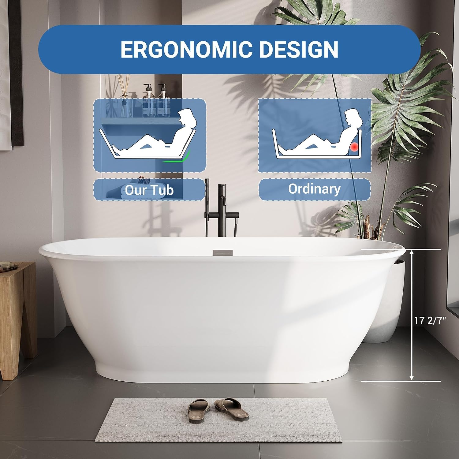GarveeHome 67' Freestanding Bathtub, Acrylic Soaking Tub with Overflow, Matte Silver Drain, Modern Stand Alone Tub, Deep Free Standing Bath Tub for Bathroom, Hotel, Easy Install, CUPC Certified, White