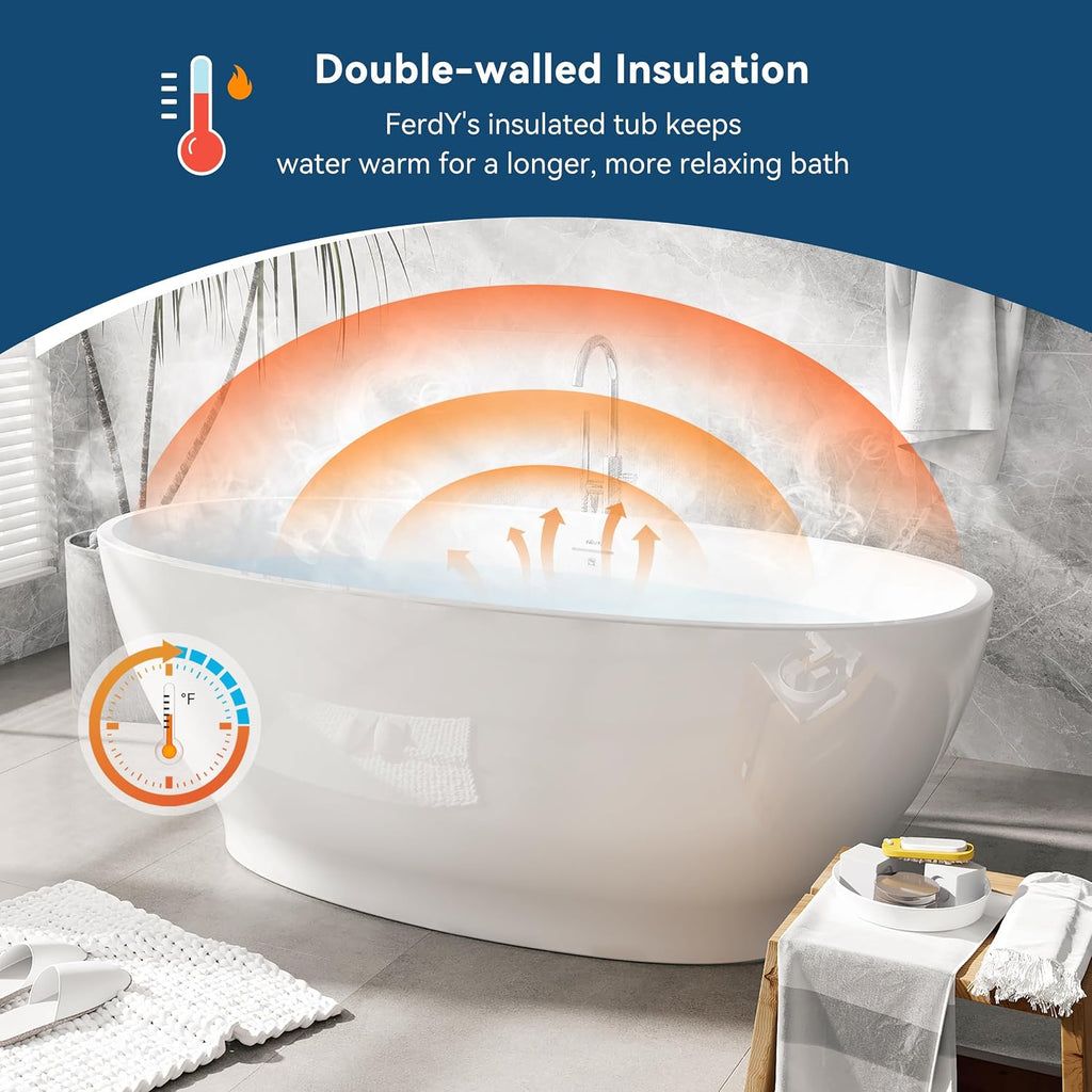 FerdY Koh Samui 65' Freestanding Bathtub with Headrest, Elegant Oval Shape, Double Walled Insulation Bathtub with Center Brushed Nickel Drain & Minimalist Linear Design Overflow & Bath Pillow