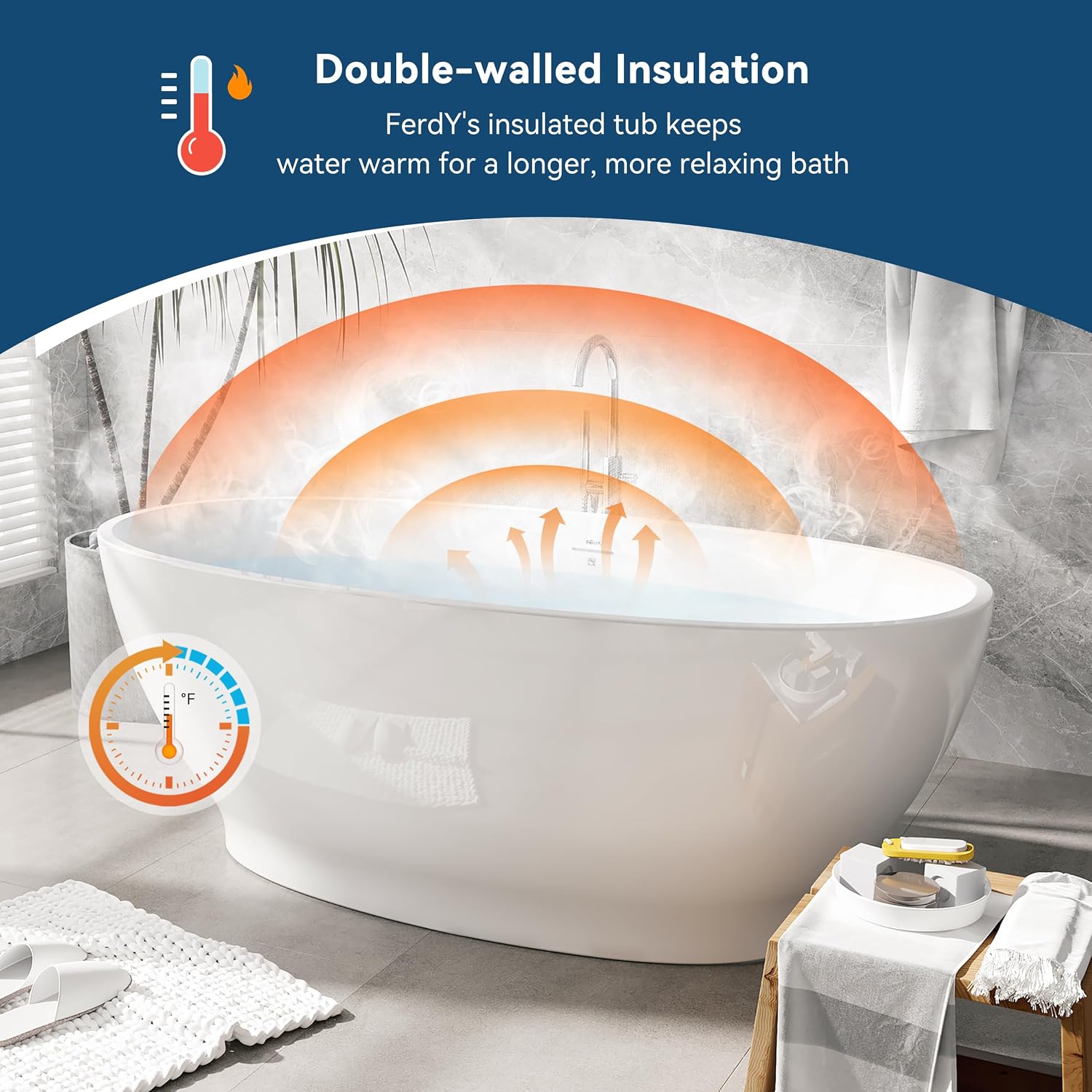 FerdY Koh Samui 65' Freestanding Bathtub with Headrest, Elegant Oval Shape, Double Walled Insulation Bathtub with Center Brushed Nickel Drain & Minimalist Linear Design Overflow & Bath Pillow