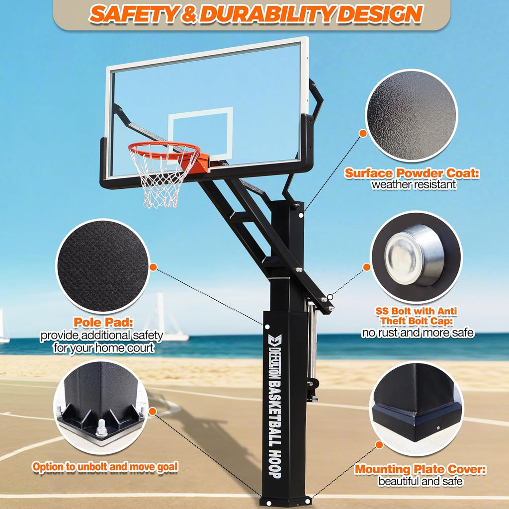 72 Inch Inground Basketball Hoop with Tempered Glass Backboard and 7.2 inch Square Pole Adjust Height from 5.4 Ft to 10 Ft with 3.8 Ft - 4.4 Ft Overhang for All Levels of Play