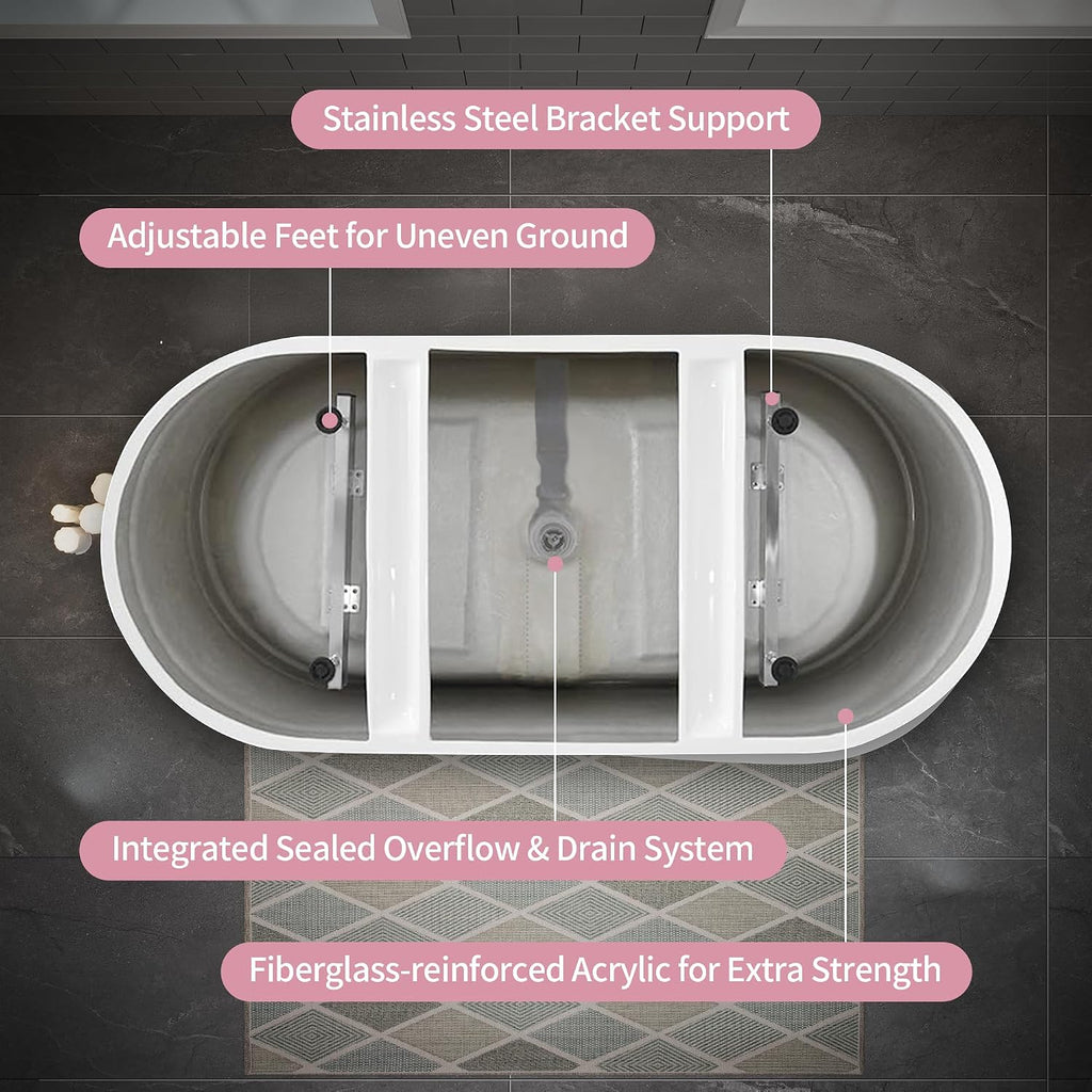 63' Acrylic Freestanding Bathtub, Deep Soaking Bathtub with Pop up Drain Integrated Overflow, Stand Alone Bath Tub for Bathroom Spa or Home Upgrade, Glossy White TH 26A04 63