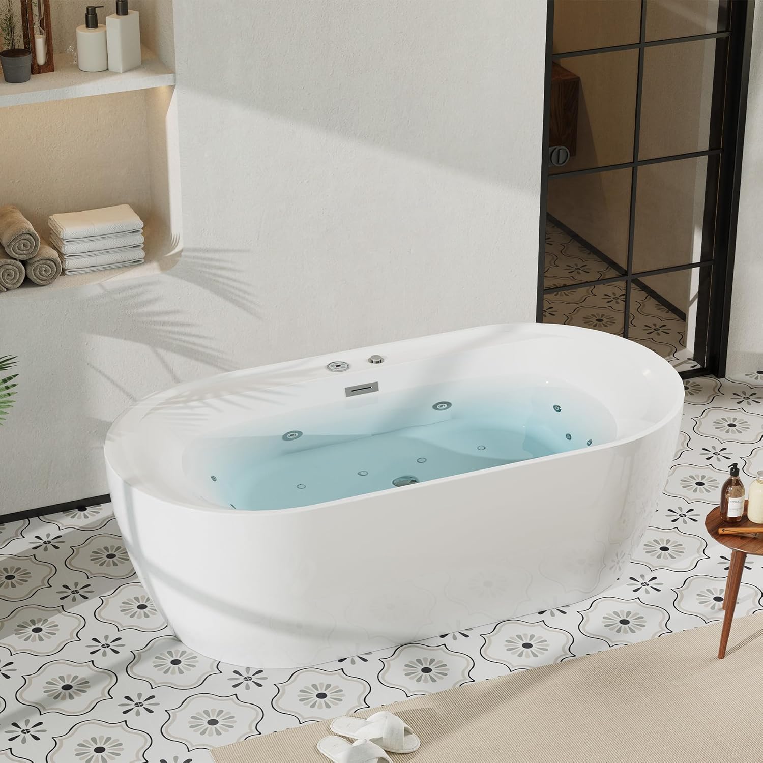 ‌71'' Freestanding Jetted Bathtub with Bubble Massage & Heating, Acrylic Deep Soaking Bath Tub with LED Lights, Hotel Grade for Spa & Home Bathroom, White