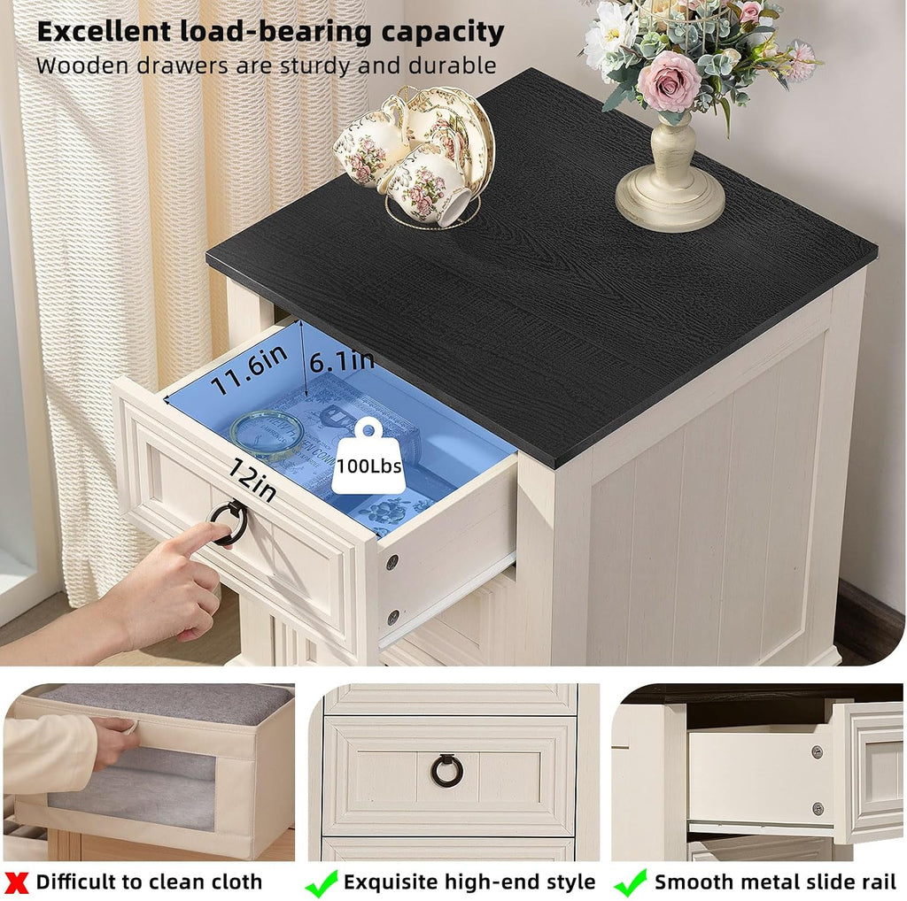 Joaxswe Farmhouse Night Stand Set of 2, 18' End Table with 3 Drawer Metal Handle, Dresser for Bedroom, Sofa Bed Side Table Chest of Drawers,Wood Nightstand Cabinet for Organizer, Living Room-White