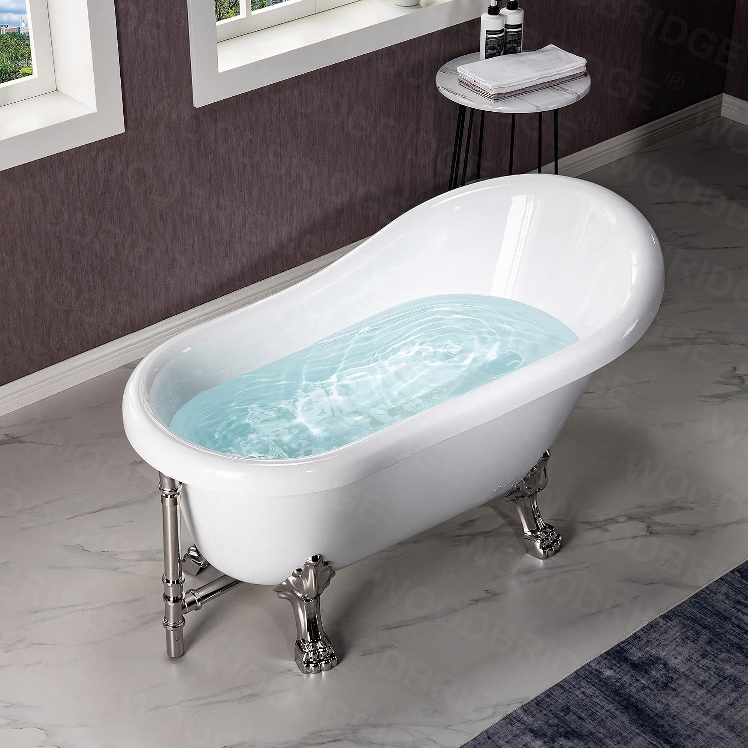 WOODBRIDGE 54' Heavy Duty Acrylic Slipper Clawfoot Bath Tub with Brushed Nickel Feet + Brushed Nickel Drain &Overflow