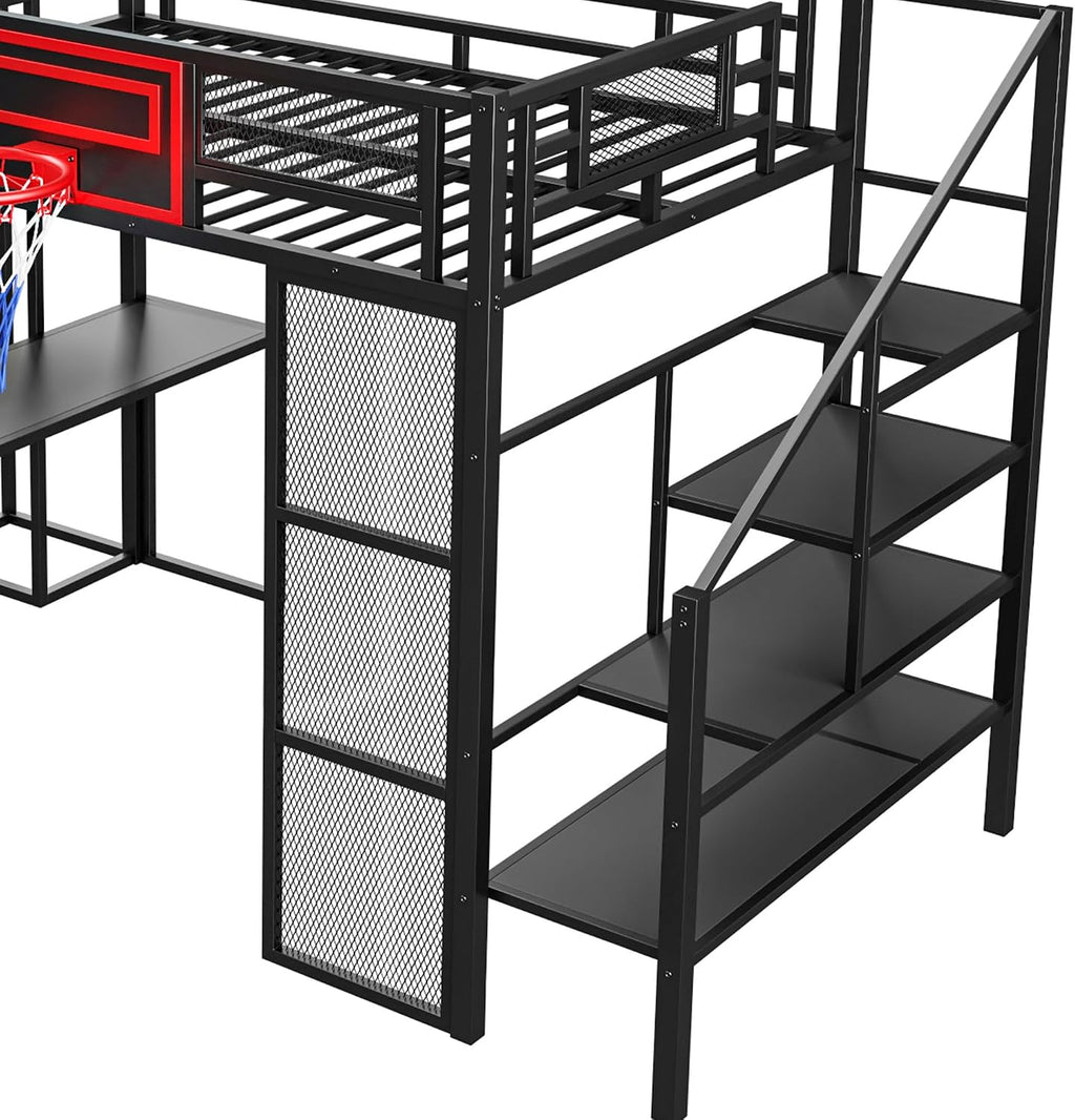 Merax Full Size Metal Loft Bed with Slide and Stairs, Loft Bed Frame with Built-in Desk, Open Wardrobe, Basketball Hoop, Space-Saving Loft Bed Frame with Storage Staircase for Kids Teens Boys, Black