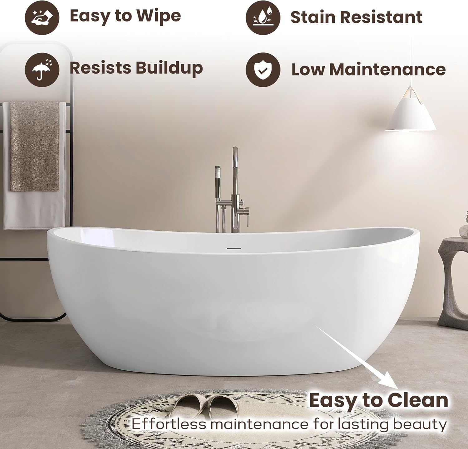 SJ STAR&JANE 65' Freestanding Bathtub, Acrylic Soaking Bathtub, Modern Acrylic Stand Alone Tub in white Intergrated Drain and Overflow,cUPC Certified