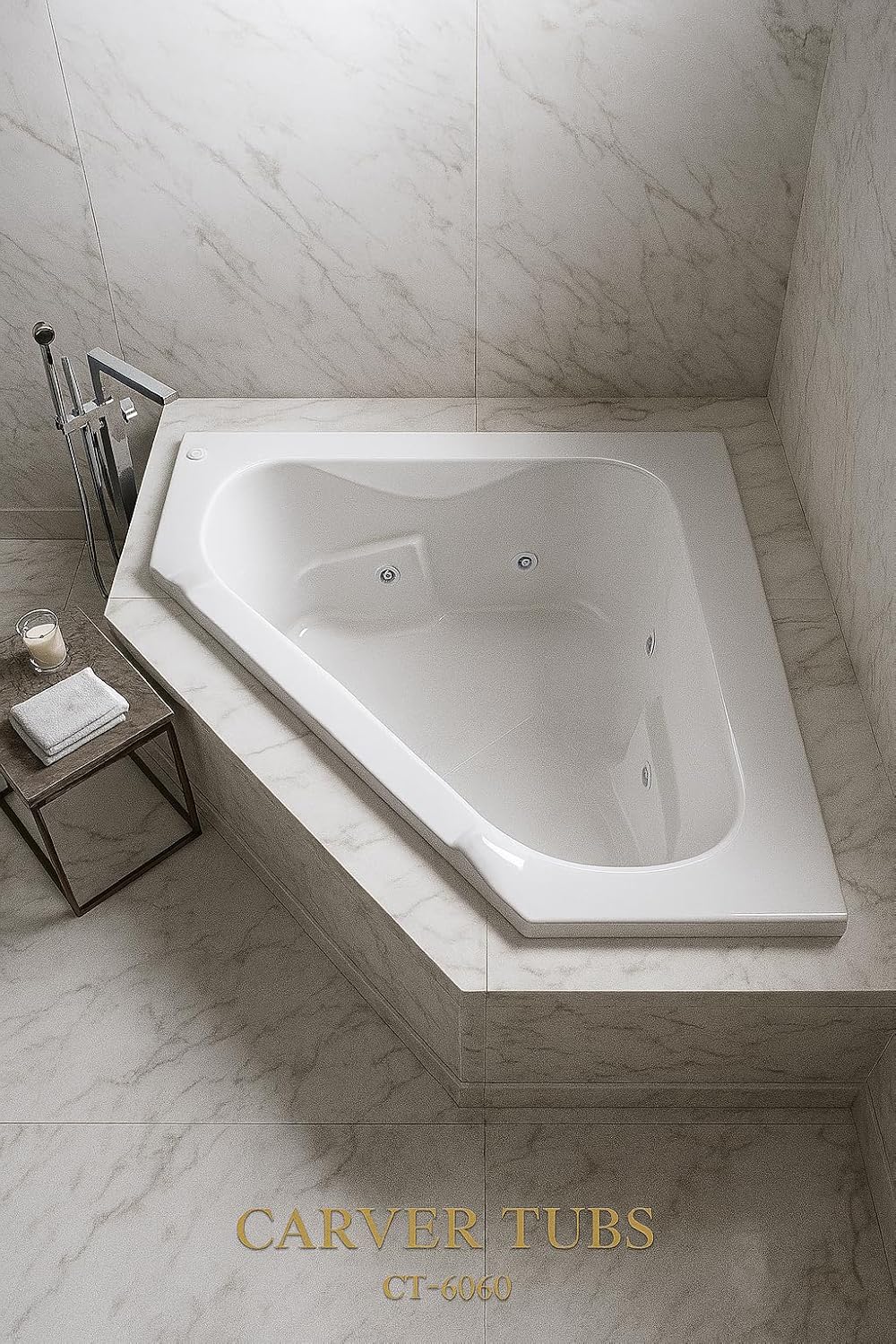 Carver Tubs - CT6060 - Modern Fiberglass Whirlpool Water Massage Bathtub, 6 Jets With Heater Builtin - White Triangular Corner Acrylic Two Person Tub - Deep Relaxing Soak - 60'L x 60'W x 19.5'H