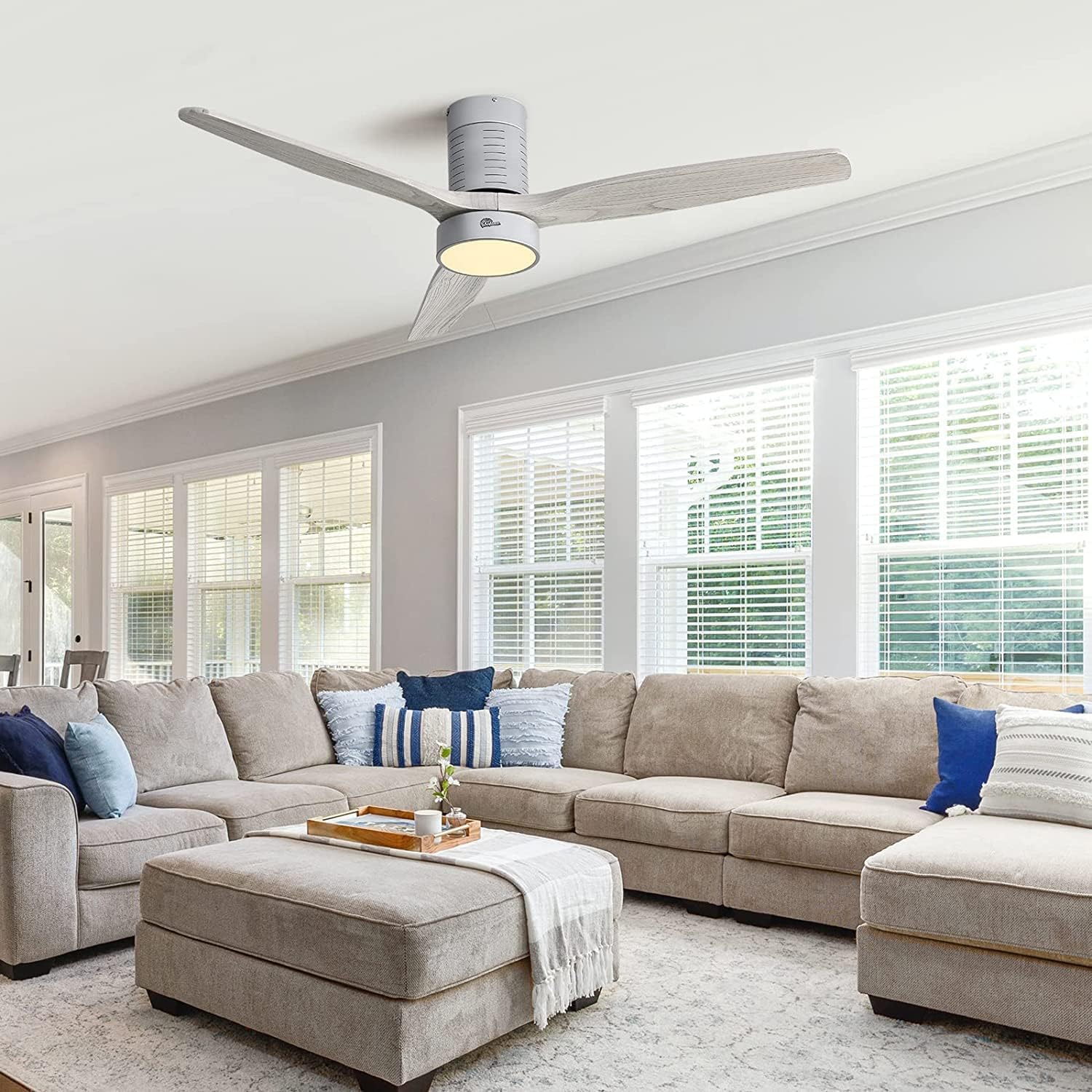 Sofucor 52 Inch Flush Mount Ceiling Fans with Lights, Solid Wood Ceiling Fan with Light Remote Control, Quiet DC Motor, 3 Blade Modern Ceiling Fan for Bedroom Living Room Farmhouse Patio