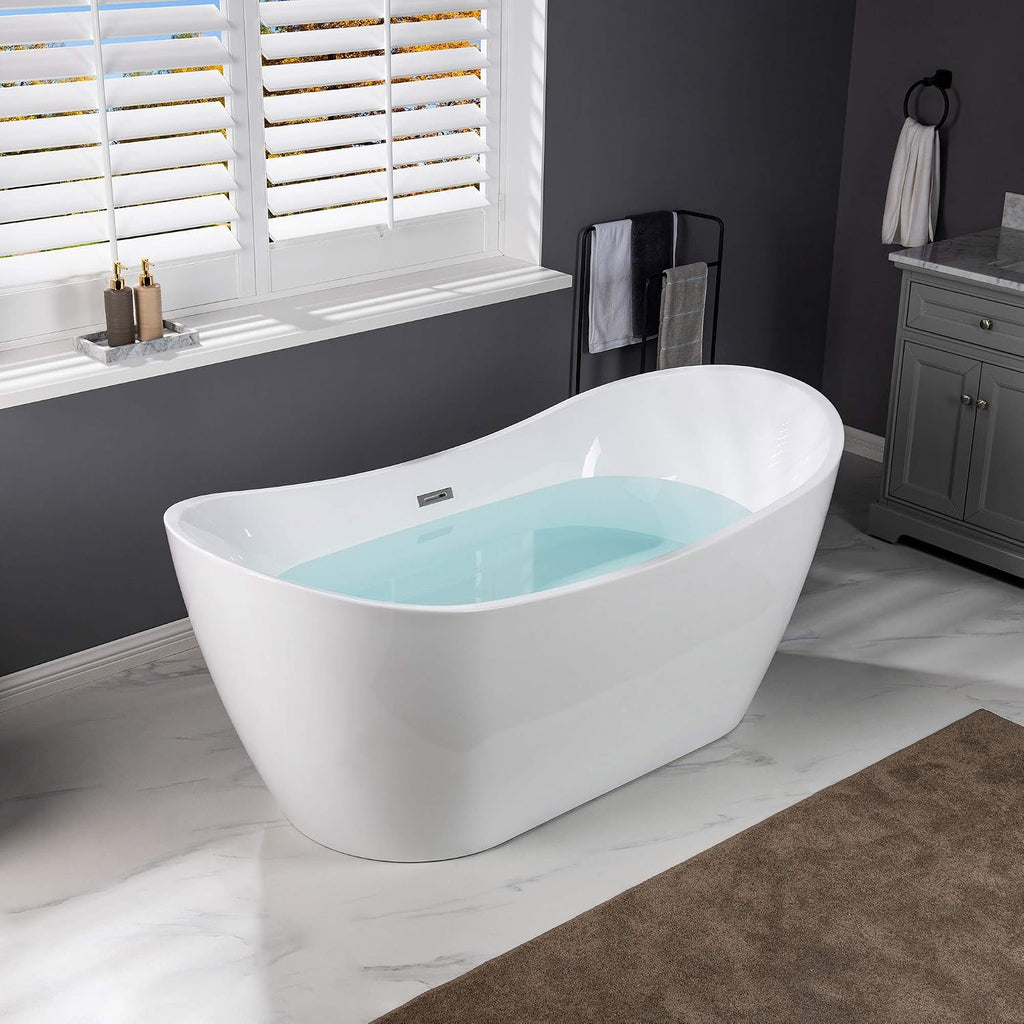 WOODBRIDGE 67' Acrylic Freestanding Bathtub Contemporary Soaking Tub, White Acrylic (Brushed Nickel Drain/Overflow),B-0010 B/N-Drain &O