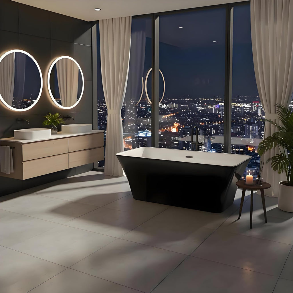 Freestanding Bathtubs 67 Inch, Extra Large Freestanding Bathtub, Acrylic Stand Alone Tub with Chrome Drain, Black Exterior White Interior Oval Soaking Tub for Bathroom or Guest Use