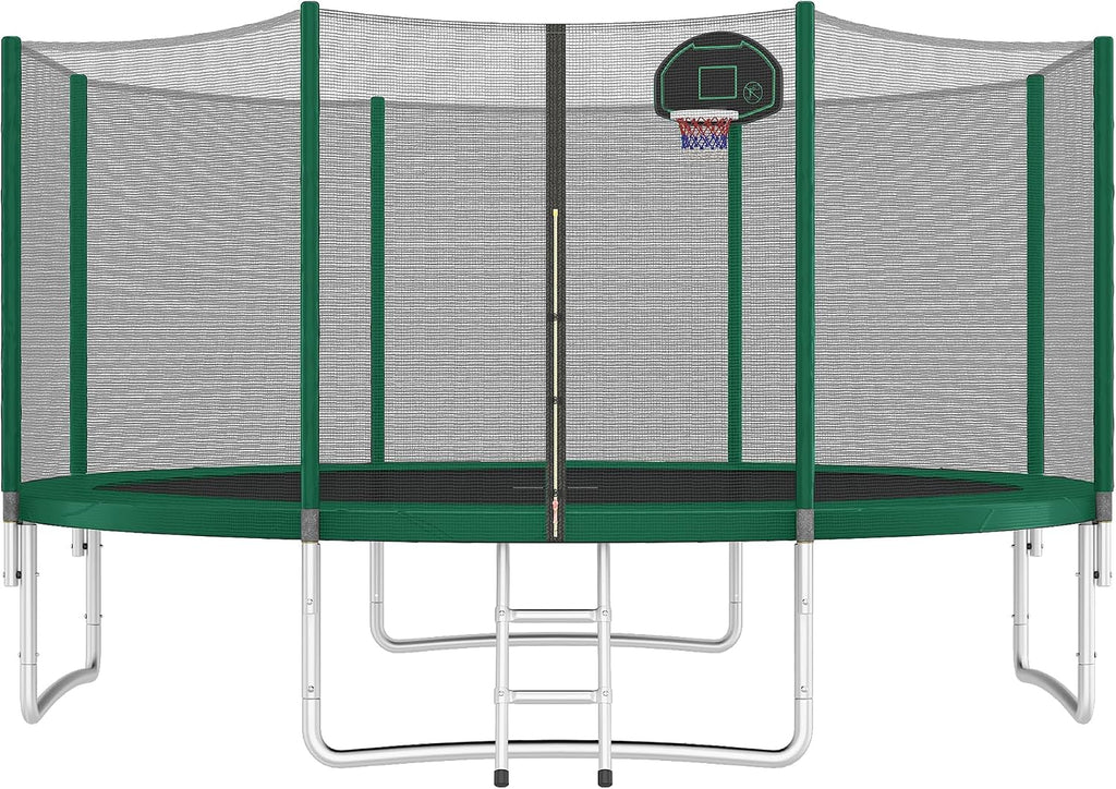 14FT Trampoline for Kids with Safety Enclosure Net, Basketball Hoop and Ladder, Round Outdoor Recreational Trampoline
