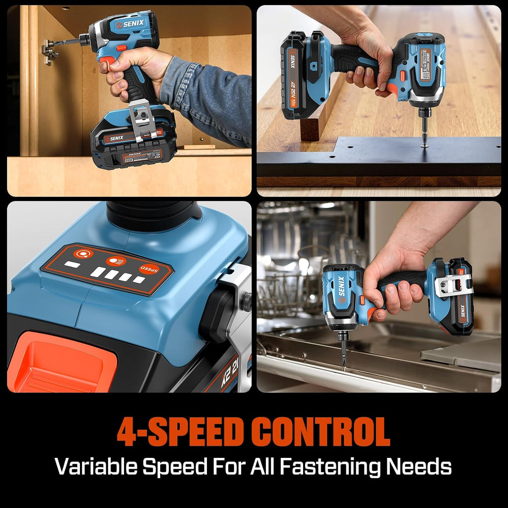 SENIX X2 20 Volt Max* 1/4-Inch Cordless Impact Driver, 4-Speed Battery Screwdriver, Brushless Motor, LED Light, 130 Foot-Pounds of Max Torque, Includes Soft Bag, 2.0 Ah Battery & Charger (PDIX2-M2)