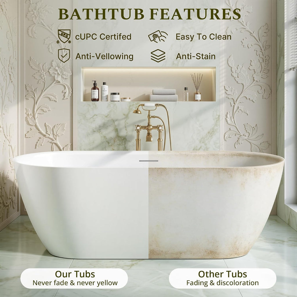67' Freestanding Bathtub, Modern Oval Acrylic Soaking Tub with Overflow & Shower Function, Deep Standalone Tub with cUPC Certification, Double-Walled Insulation, (White 67Inch)