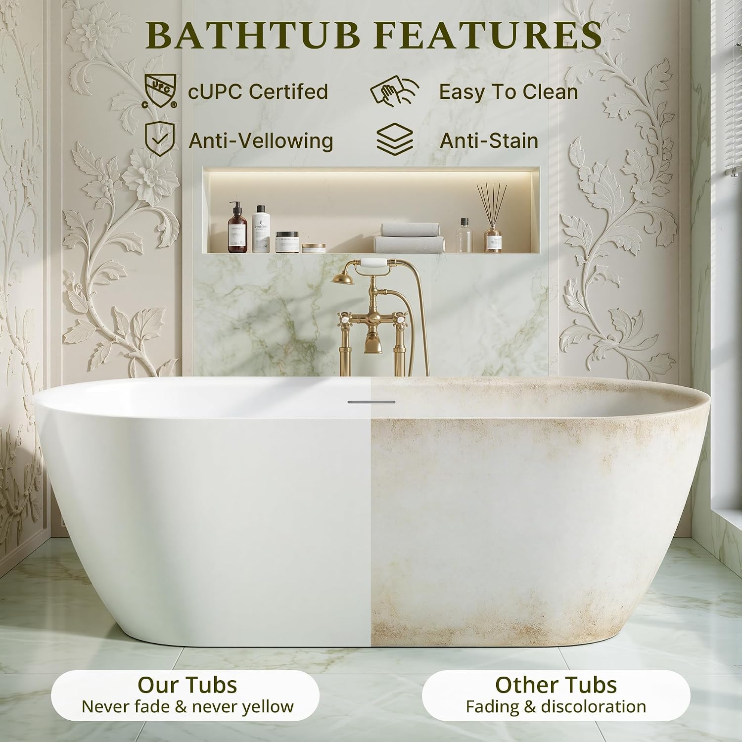 67' Freestanding Bathtub, Modern Oval Acrylic Soaking Tub with Overflow & Shower Function, Deep Standalone Tub with cUPC Certification, Double-Walled Insulation, (White 67Inch)
