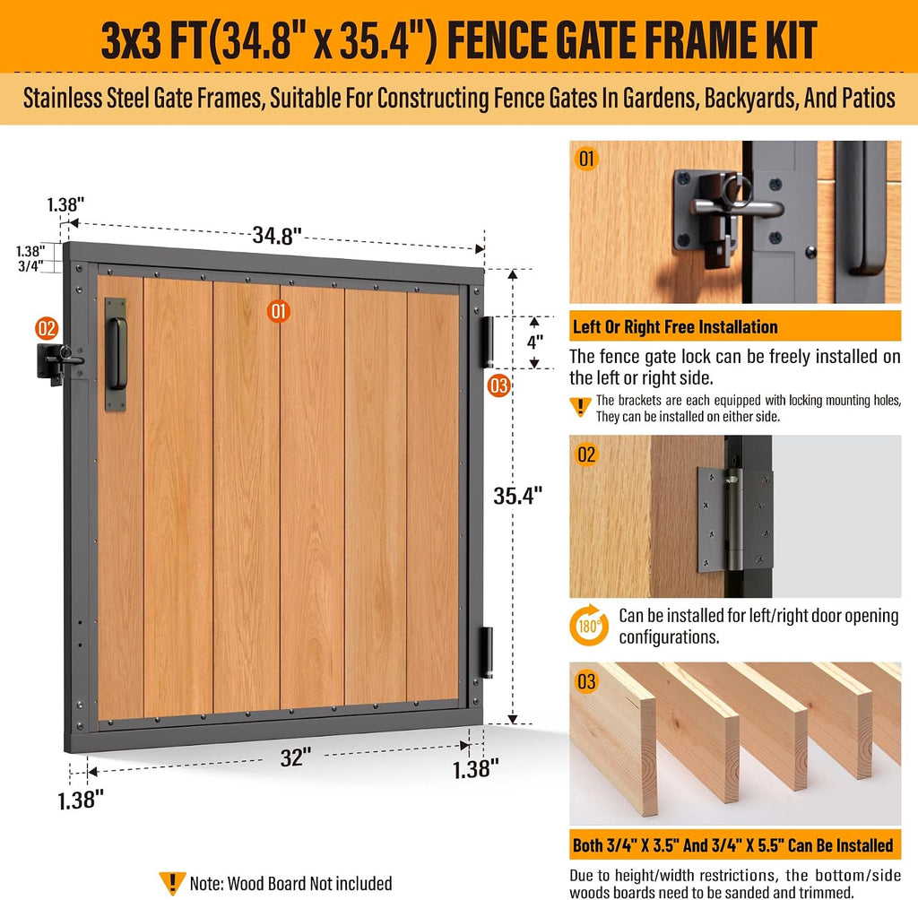 3x3FT Fence Gate Frame Kit 201 Stainless Steel Anti-Sag Heavy Duty Garden Gate Reinforcement Hardware, Left/Right Mount (No Panels Included)(34.8'W x 35.4'H)