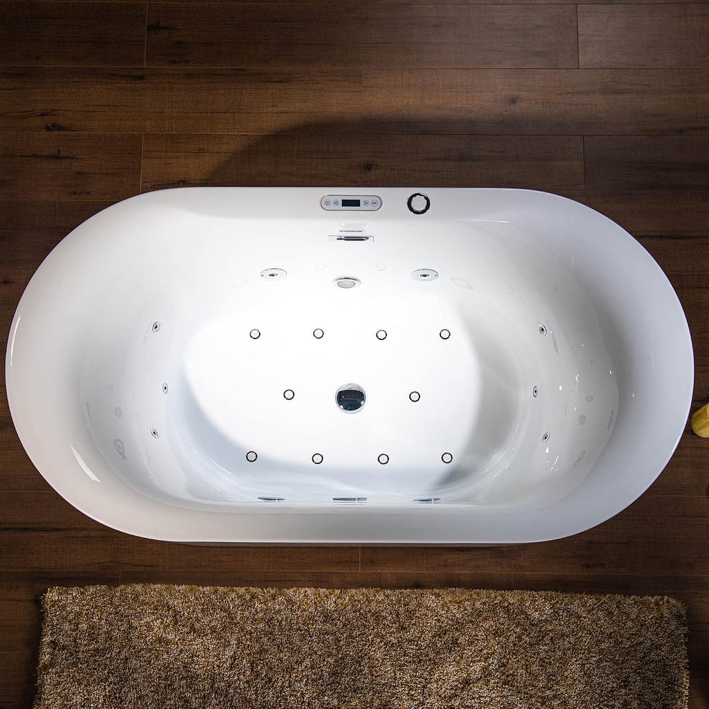 WOODBRIDGE 59' x 31-1/2' Whirlpool Water Jetted and Air Bubble Freestanding Heated Soaking Combination Bathtub with LED control panel, BJ100, White | Whirlpool Water Jetted, Air Bubble, Heated Soaking, LED Control Panel