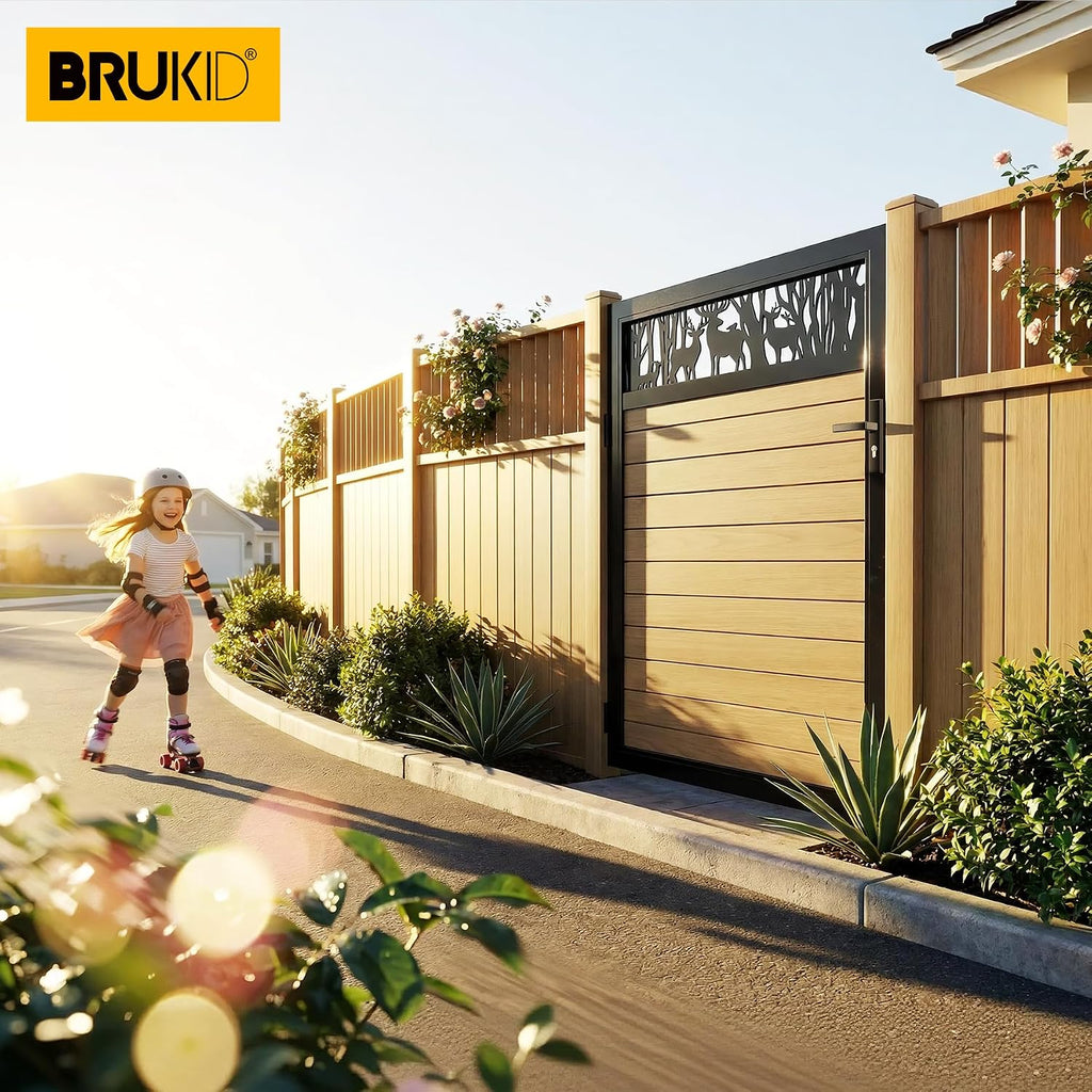 4x5 FT Aluminum Fence Gate Kit Wood Grain Aluminum Gate with Decorative Cutout, Lock & Hinges, Left/Right Opening, Weather Resistant for Yard Garden Patio