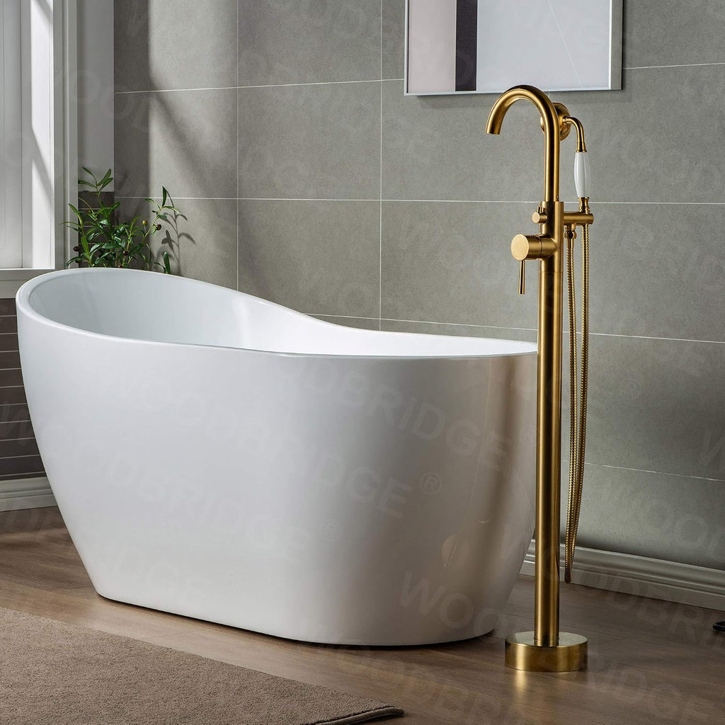 WOODBRIDGE Contemporary Single Handle Floor Mount Freestanding Tub Filler Faucet with Hand Shower in (Brushed Gold) Finish,F0007-BGVT