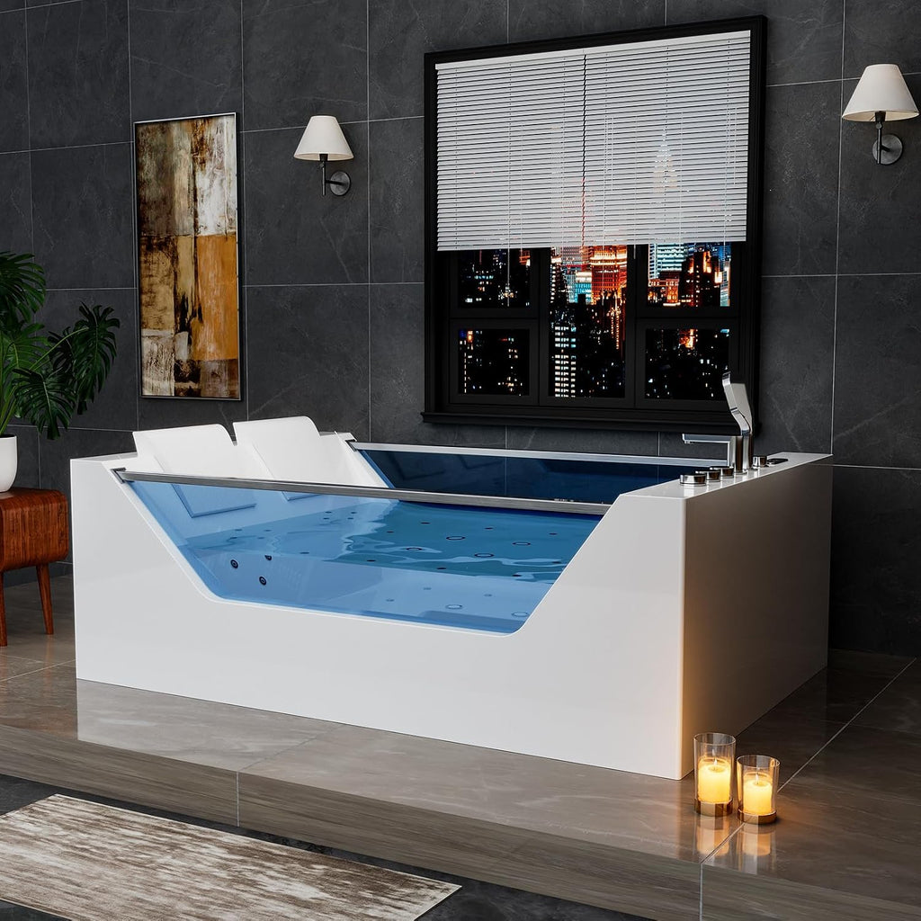 Empava PRO Series 71'x48' Whirlpool Tub | Heated Bubble Spa for 2 with Thermostatic Control & Chromotherapy | Acrylic Freestanding Soaking Bathtub, White (ETL Certified)