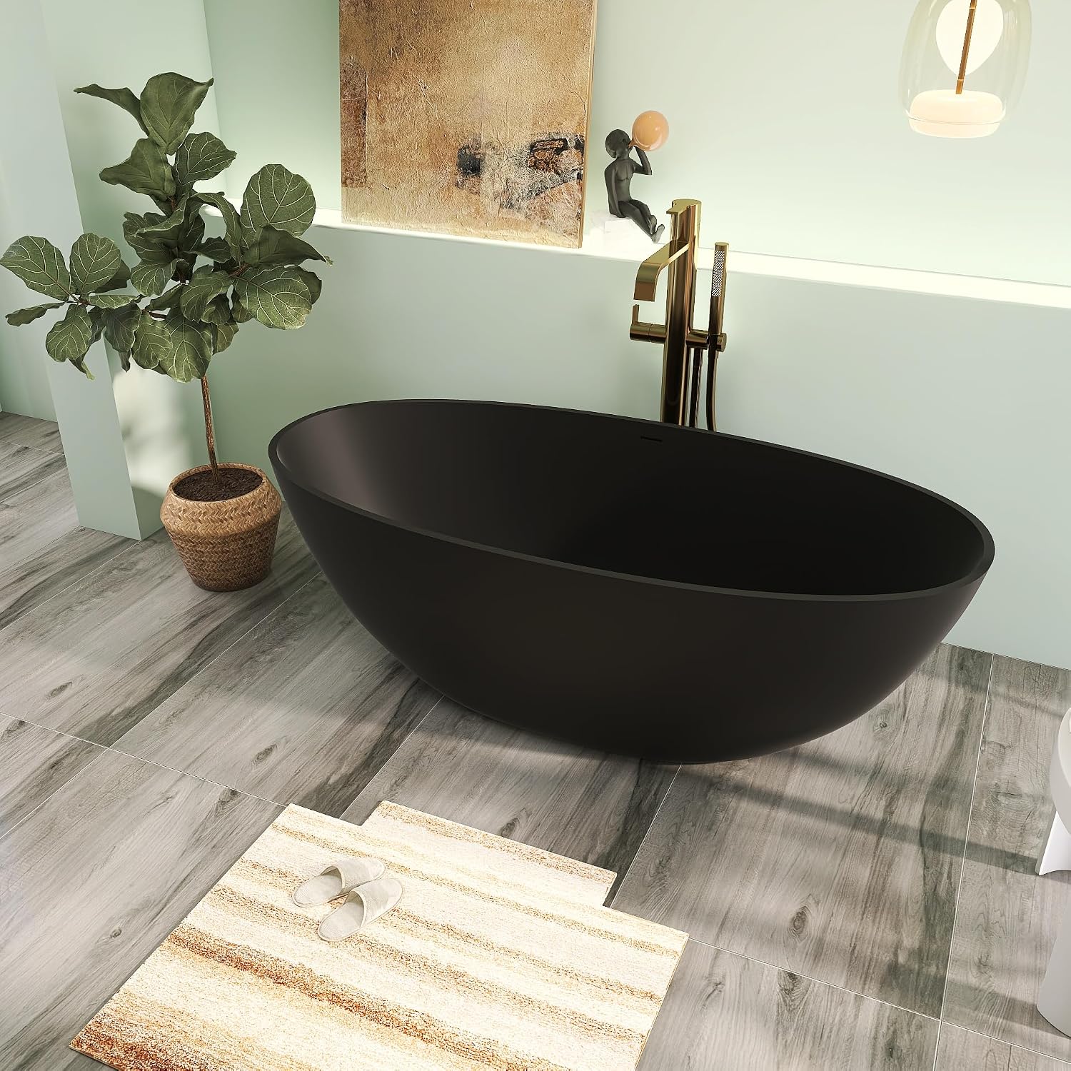 65' Premium Matte Black Solid Surface Freestanding Bath Tub, Oval Stone Resin Tub with Overflow and Pop-up Drain