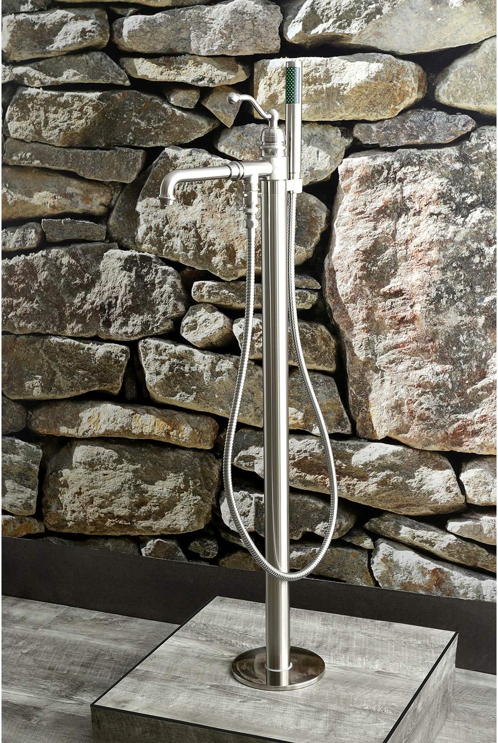Kingston Brass KS7038ABL French Country Single Handle Freestanding Roman Tub Faucet with Hand Shower, Brushed Nickel