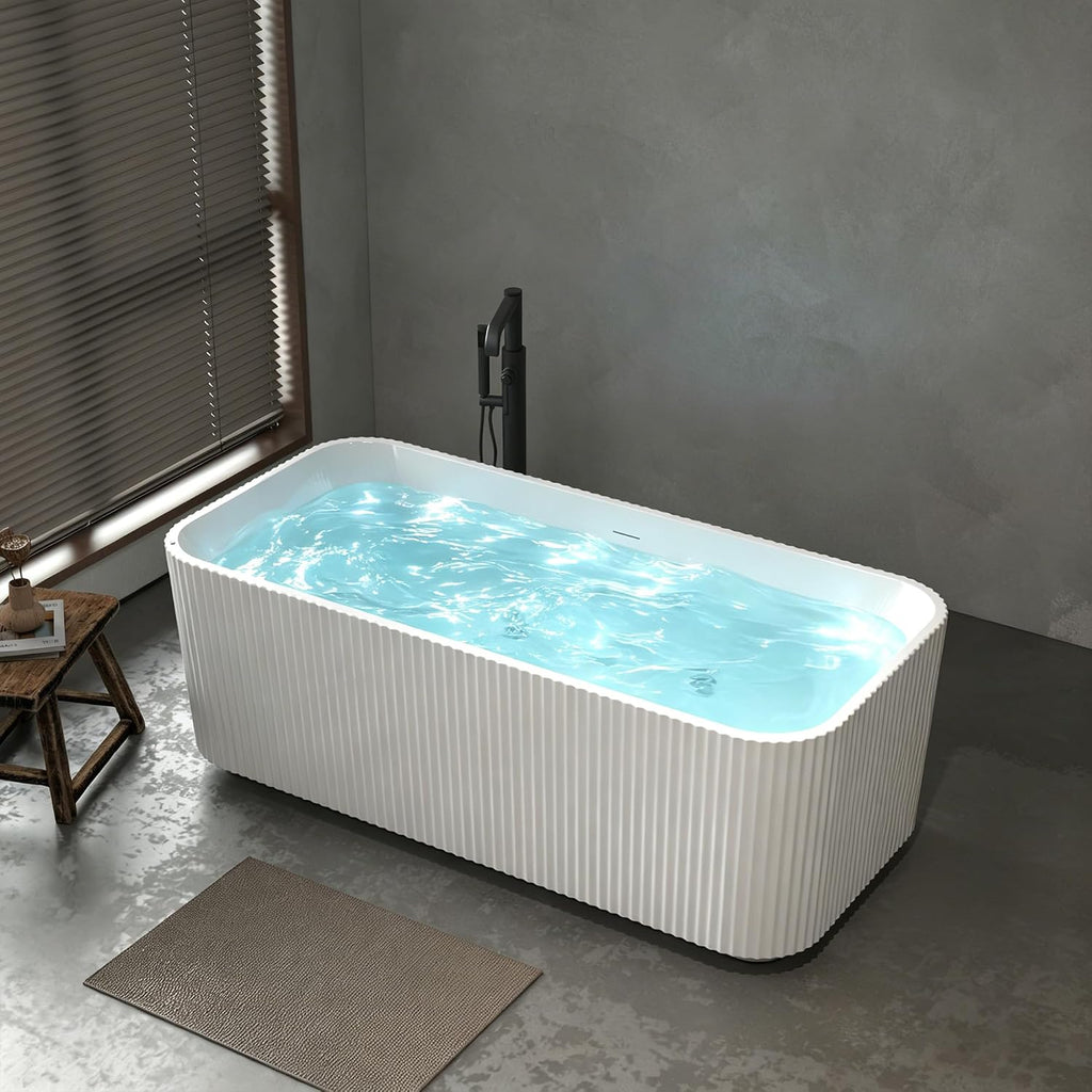 67-Inch Luxury Freestanding Rectangular Massage Bathtub with 10 Hydrotherapy Jets, Glossy White Acrylic, Chrome Pop-up Drain, cUPC Certified.