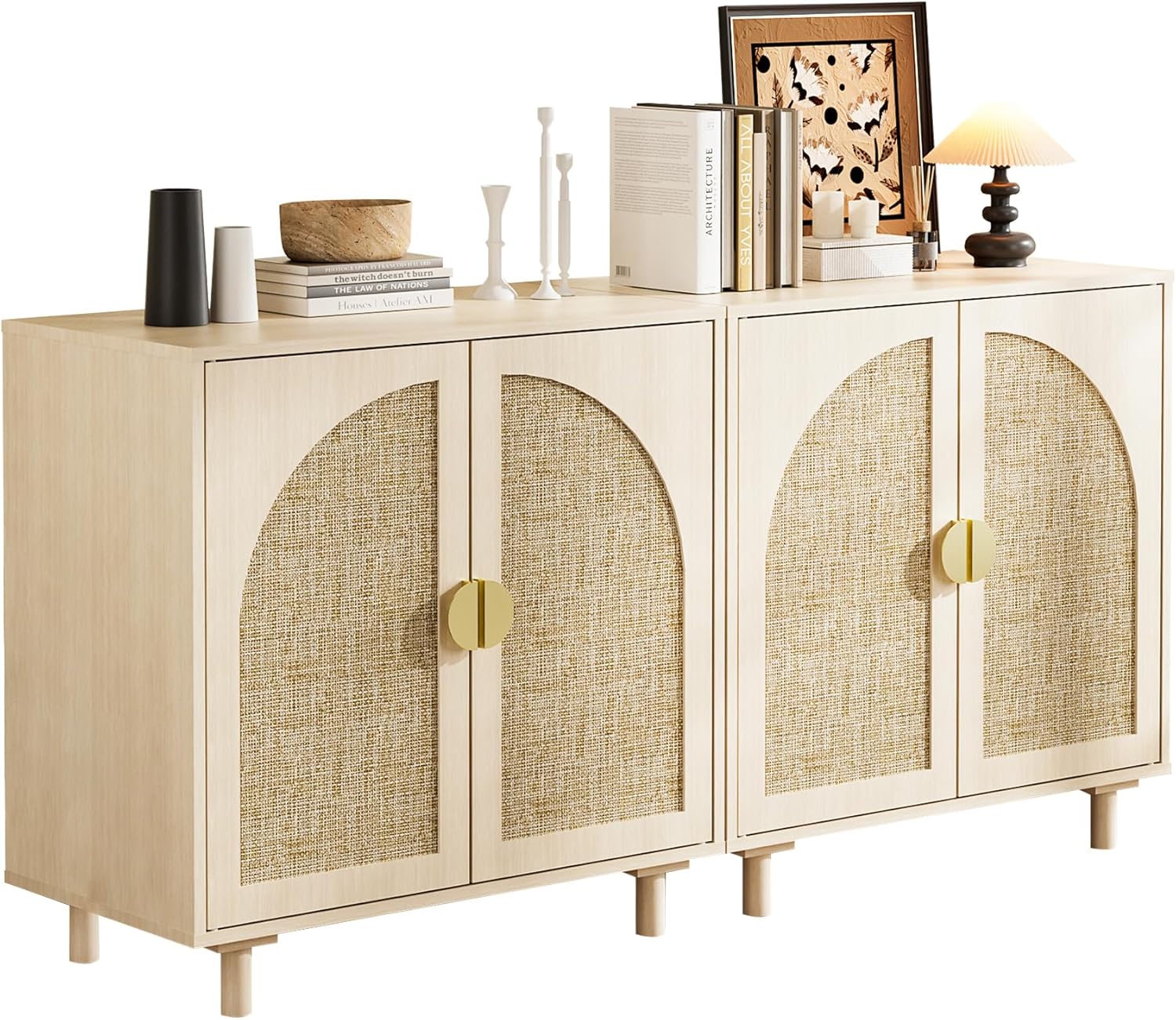 Rattan Storage Cabinet, Beige Boho Sideboard with Adjustable Shelf, Magnetic Door Latch. [2pcs, Beige]