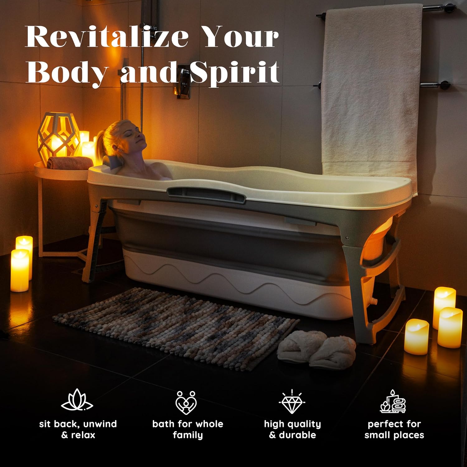 Portable Bathtub for Adult- Extra Large 56' Foldable Collapsible tub. Ergonomically Designed for the Ultimate Relaxing Soaking Bath, Ice Bath. Ideal for Small Spaces, Quick, Effortless Folding Bathtub