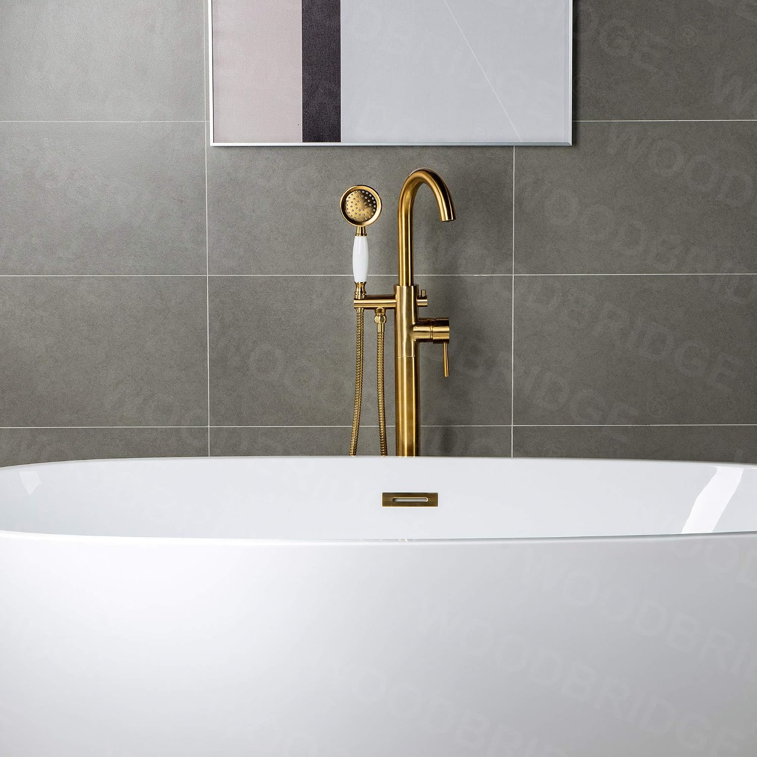 WOODBRIDGE Contemporary Single Handle Floor Mount Freestanding Tub Filler Faucet with Hand Shower in (Brushed Gold) Finish,F0007-BGVT